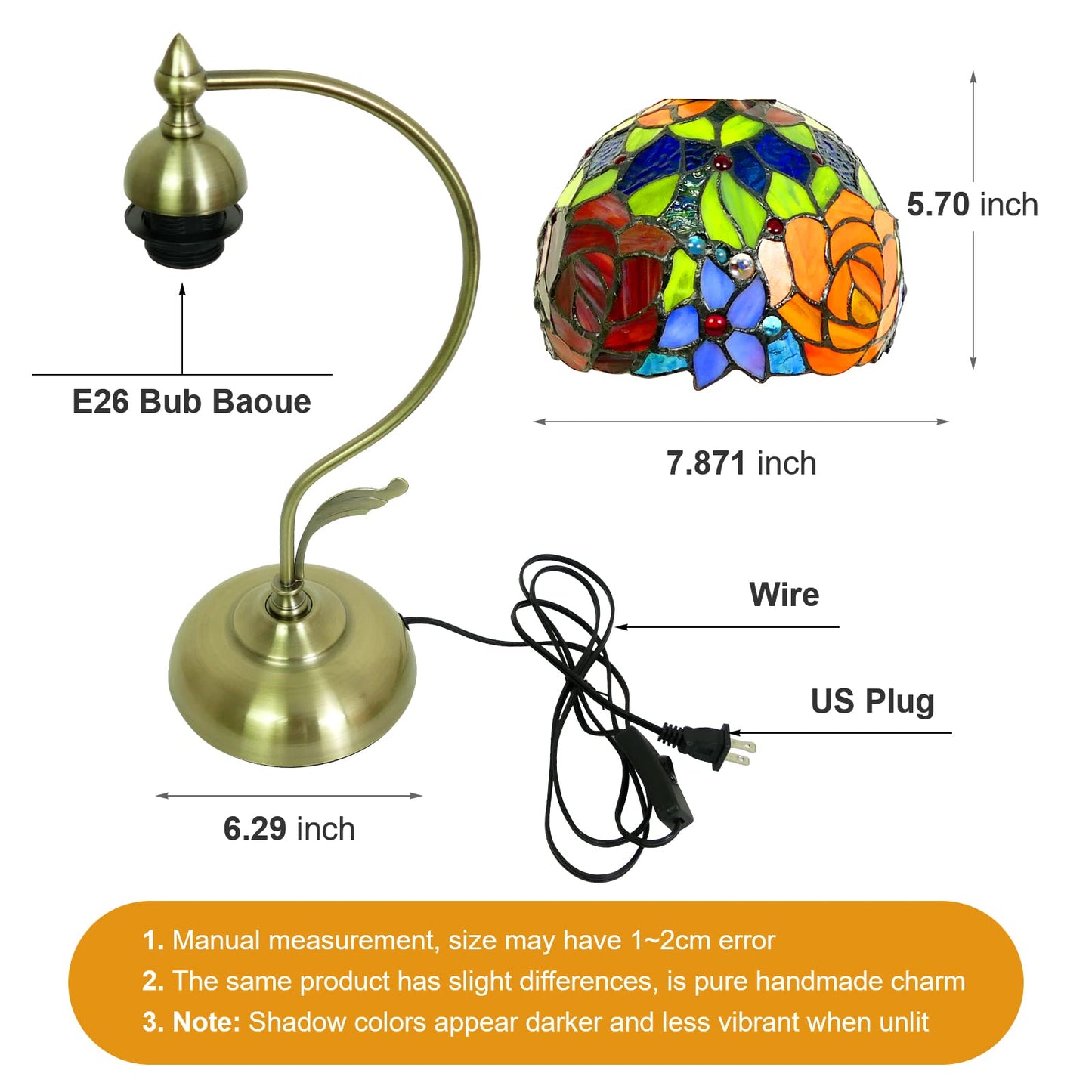 JGWSQ Rose Floral Tiffany Table Lamp, Stained Glass Curved Desk Lamp