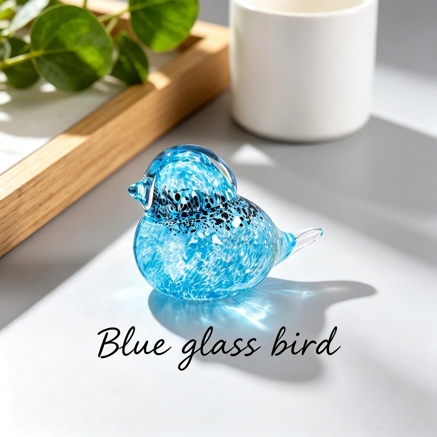 QFkris 4" Hand Blown Glass Blue Birds Figurine, Art Glass Animal Sculpture Status for Desk Table Home Office Decoration, Crystal Paperweight Gift for Bird Lover