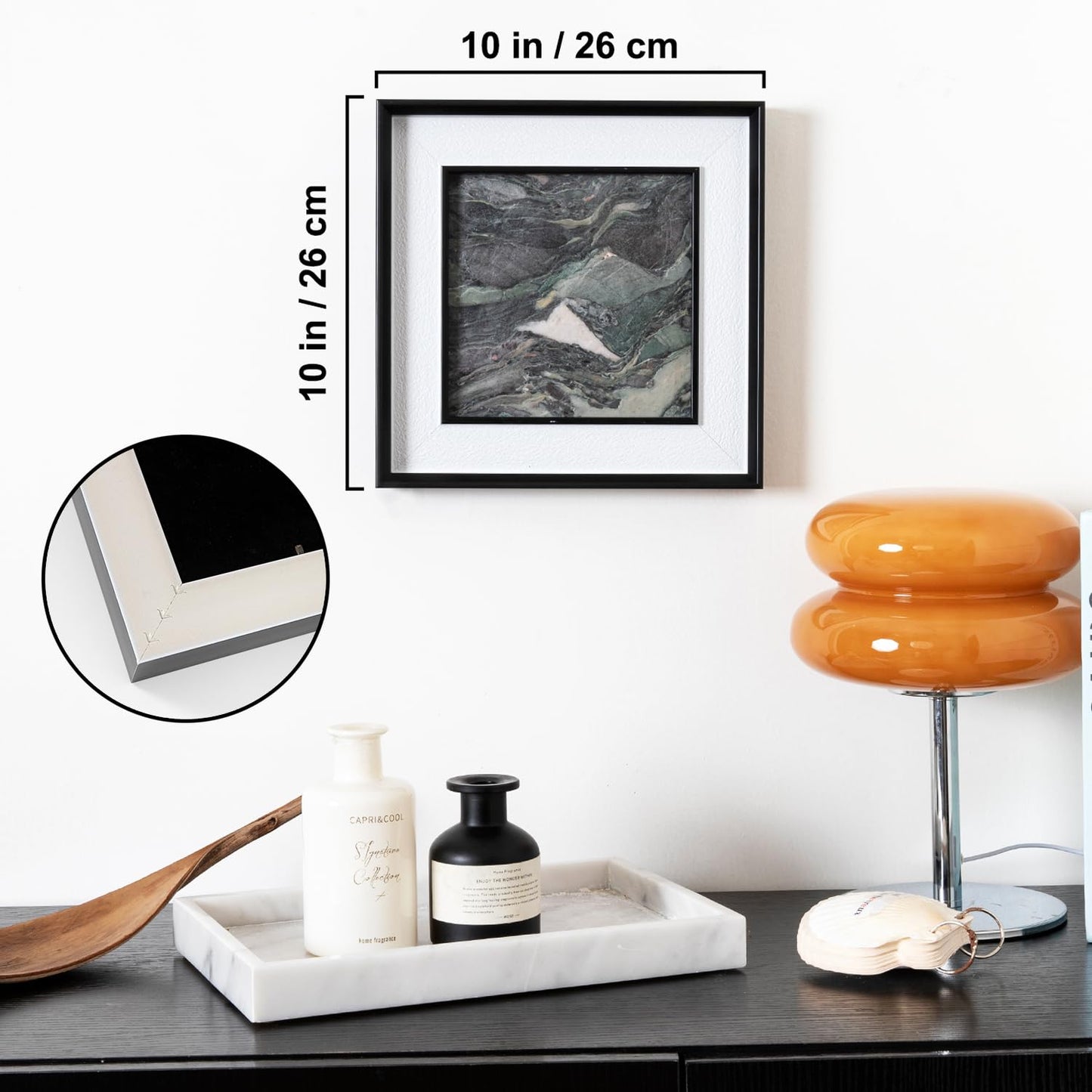Natural Marble Decorative Wall Art Home Decor for Bedroom Hand Made Abstract Lithographic Painting Living Room Aesthetic for Classroom Farmhouse Heavy Texture Picture Frames 10x10 inch Rural Green