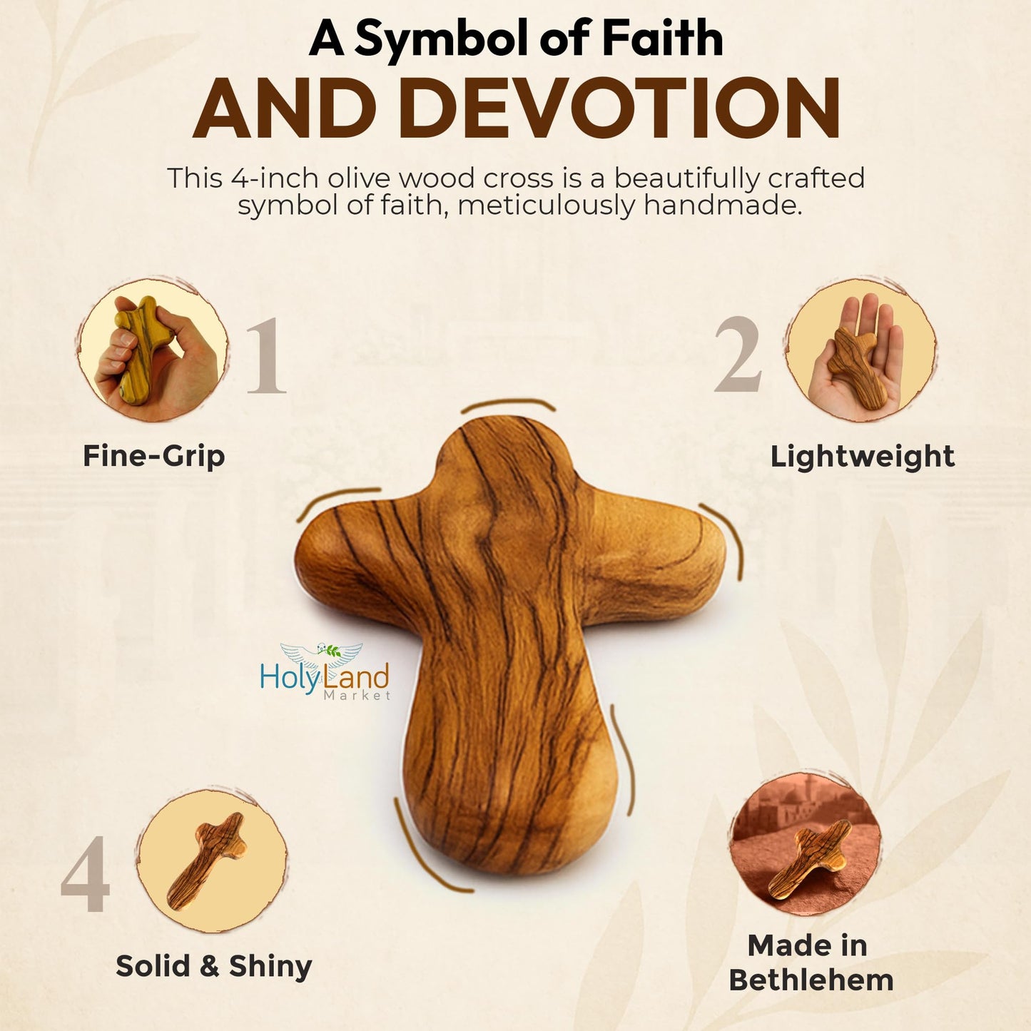 Holy Land Market Olive Wood Comfort Cross | Handmade Holding Cross from Bethlehem Palm Cross, Clinging Cross with Velvet Bag & 2 Certificates | 4 Inch x 6