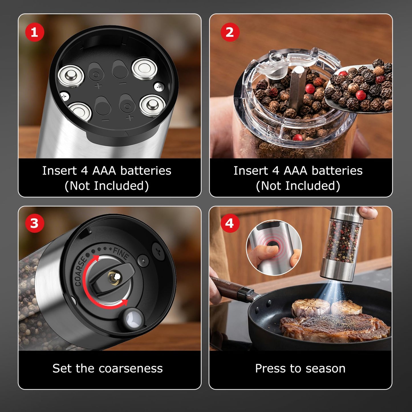 Bonsenkitchen Electric Salt and Pepper Grinder Set, 95ml Large Capacity, Clean Brush, Stainless Steel Adjustable Pepper Mill with LED for Kitchen, BBQ & Camping, Battery Powered (Not Included)