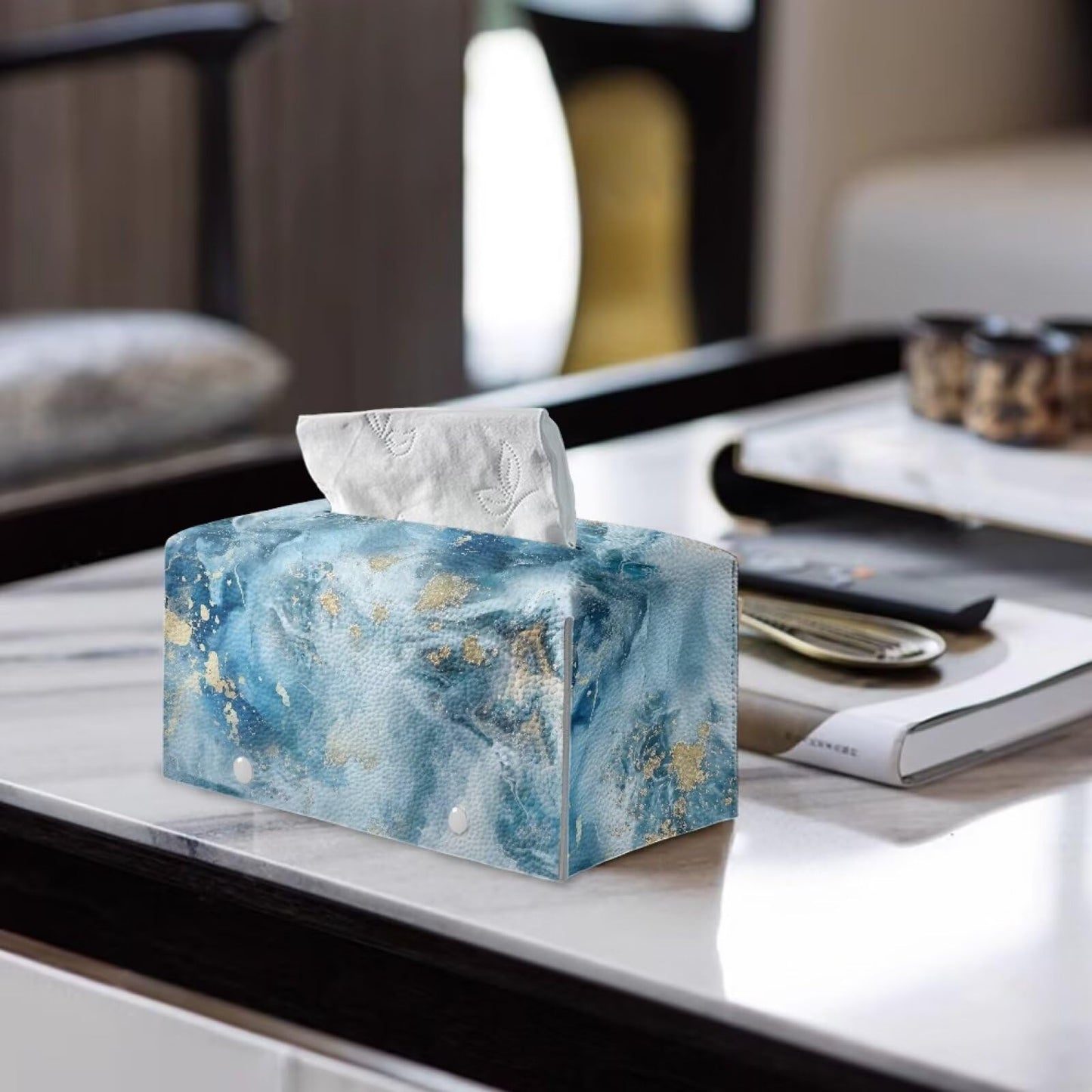 ZDCUSTOM Blue Marble Modern Rectangular Tissue Box Holder with Storage, PU Leather, Waterproof, Easy to Clean and Refill