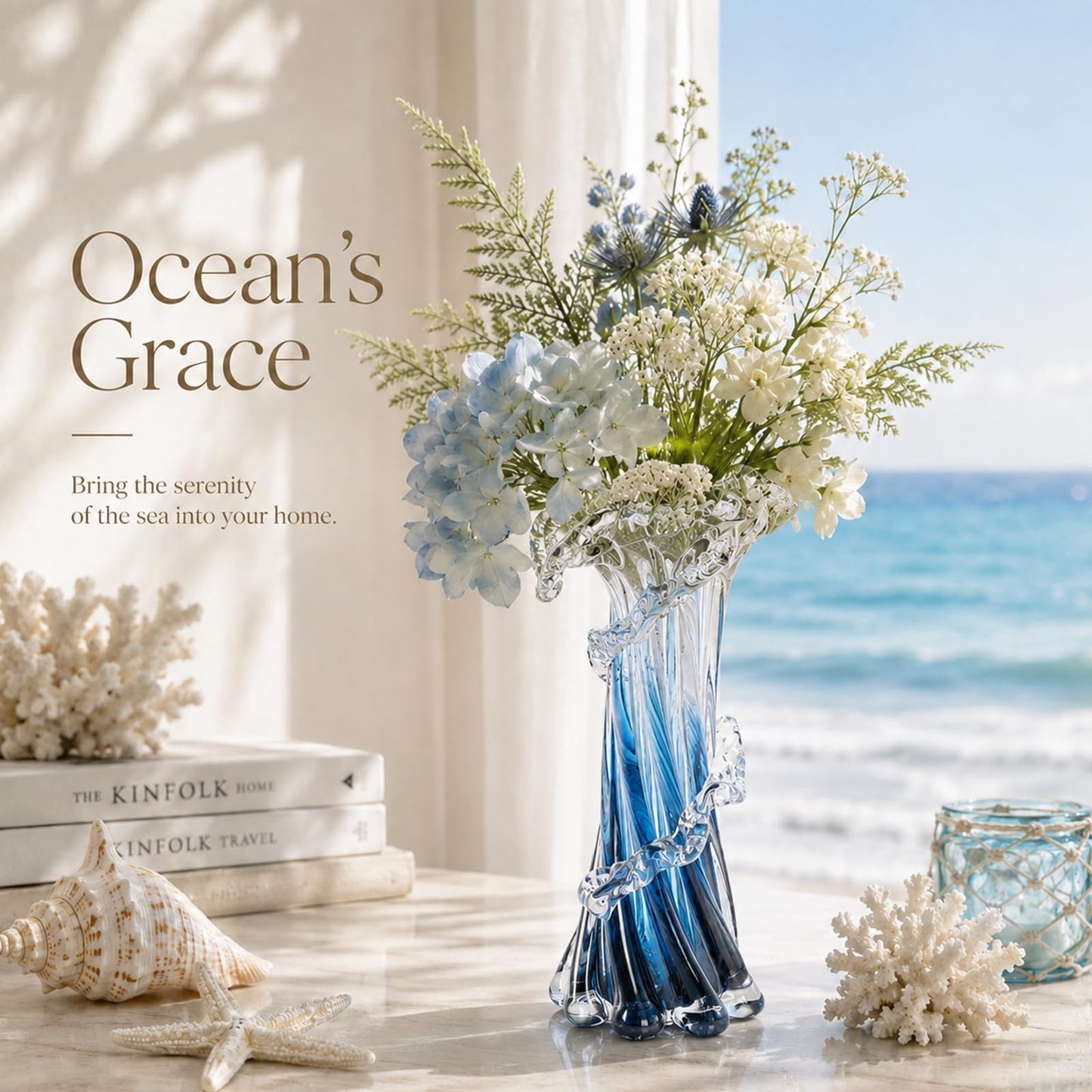 12" H Blue Blown Glass Vase, Modern Art Hand Blown Coastal Vase,Beautiful Unique Ocean Wave Centerpieces for Living Room, Bedroom, Office Desktop,Coffee Table and Wedding Decorative (L)