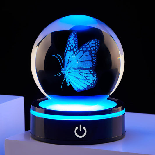 3D crystal ball butterfly statue, colorful LED base, birthday gifts for women, gratitude gifts,motehrs, family, teachers, friends, girlfriends, butterfly decoration glass ball mothers day gift
