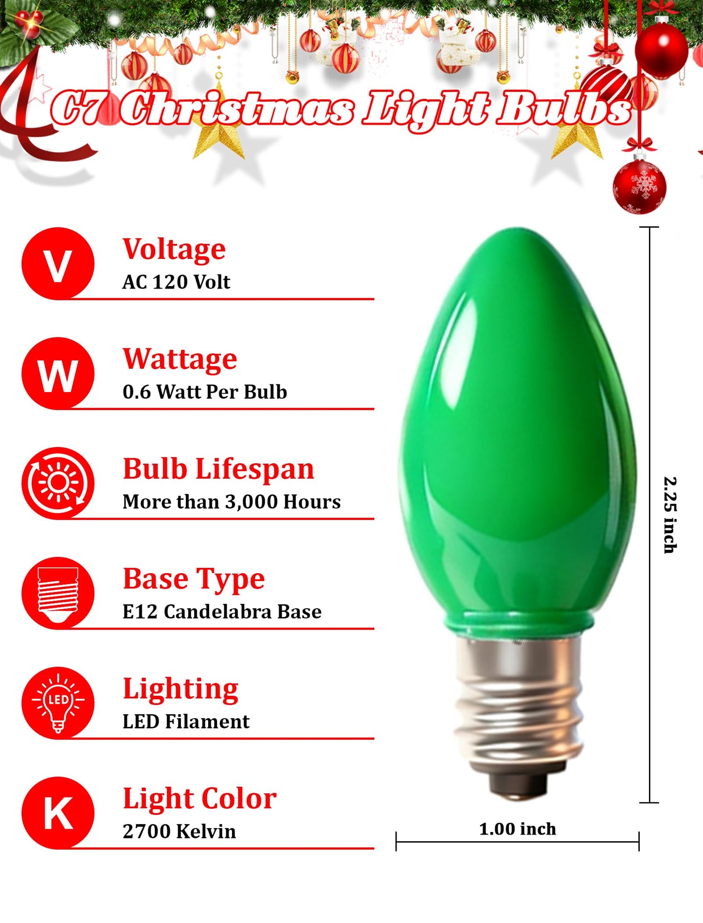 Bokoiuu C7 LED Christmas Light Bulbs, 25 Pack Green Replacement Bulbs, Shatterproof Green LED Light Bulbs for C7 Christmas String Lights, E12 Candelabra Base, 0.6 Watts