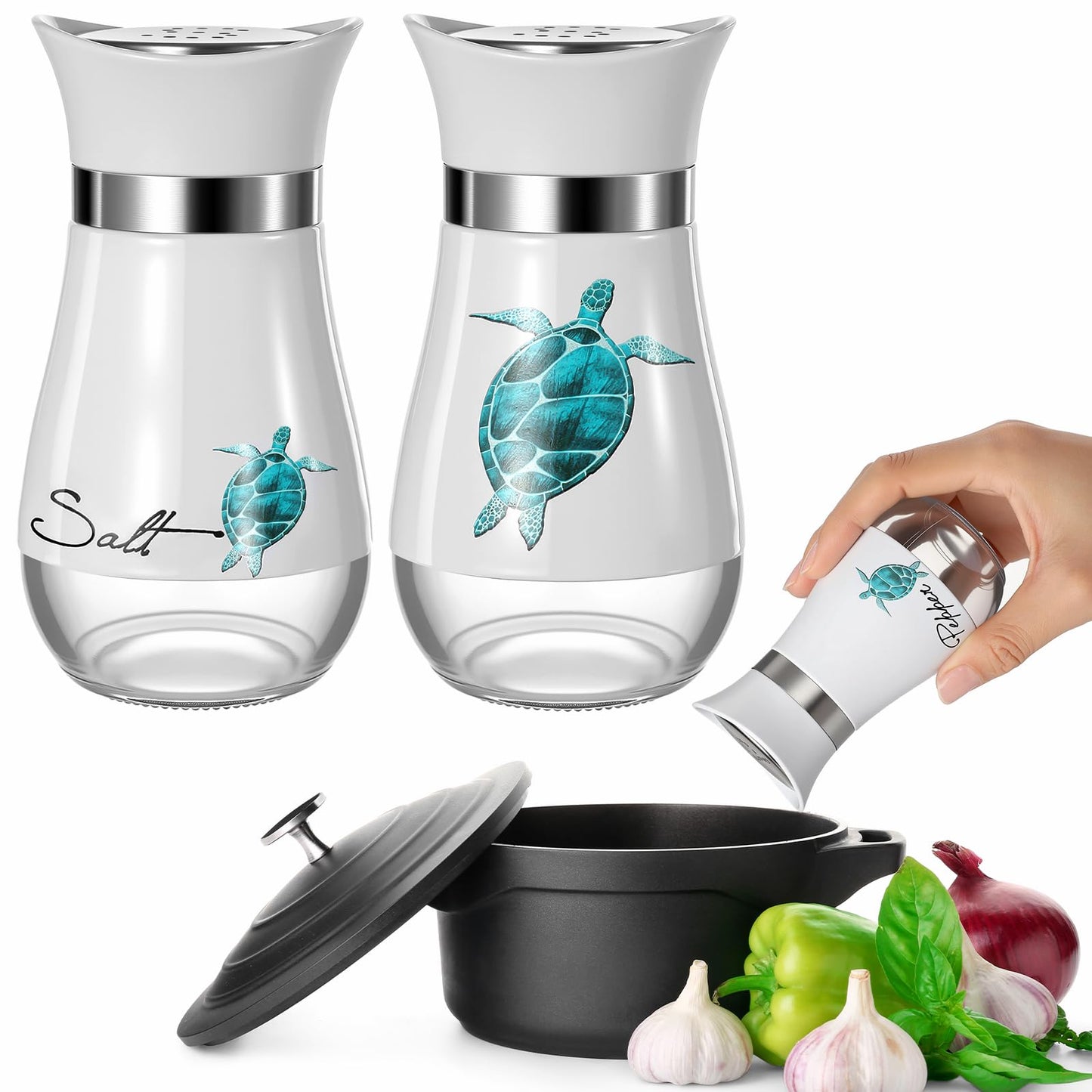 Bokon 2 Pack Sea Turtle Salt and Pepper Shakers Set, Stainless Steel Containers with Glass Bottom for Kitchen Accessories, Home Decorations, Cooking, BBQ, Camp, Beach, Bar, Coastal Theme Gift Idea