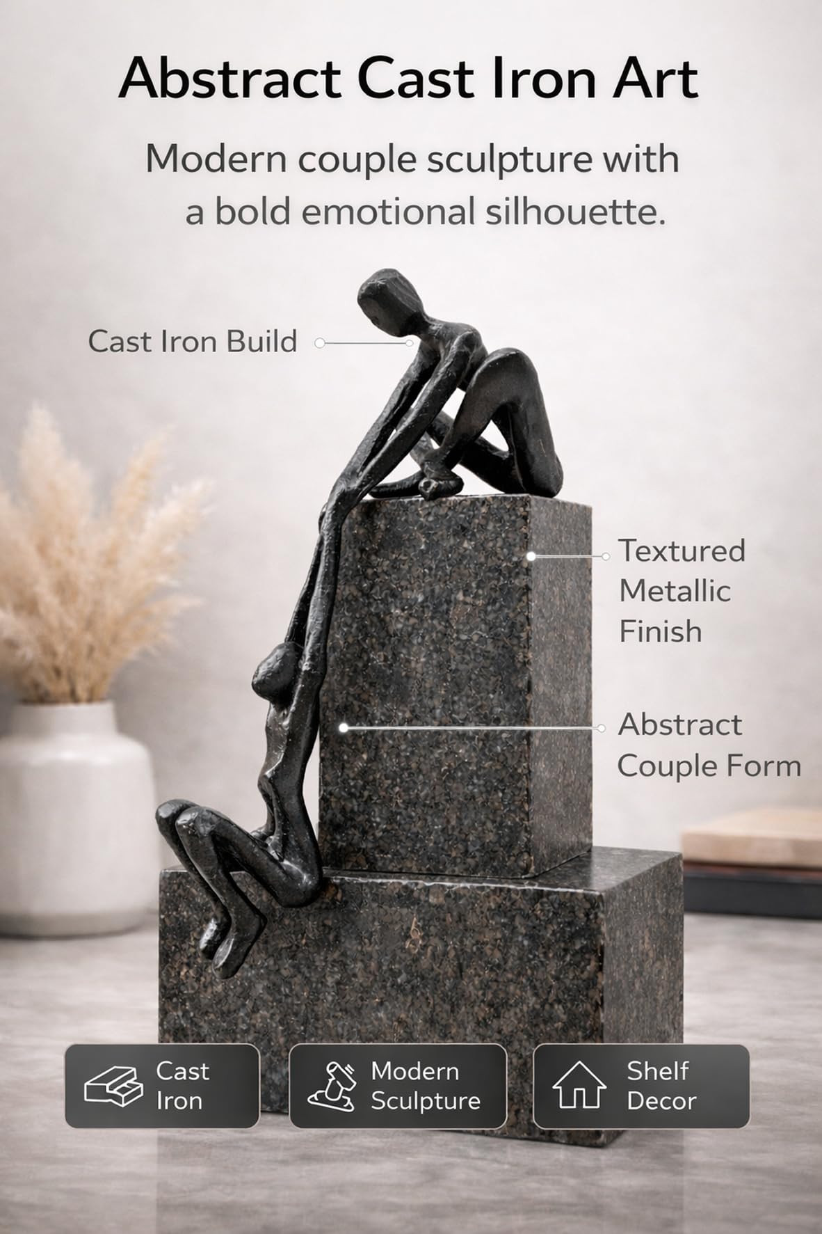 ULVEOL Industrial Abstract Cast Iron Art Sculpture Couple - Man Lifting Woman from Ledge - Modern Love Gift for Couples Cast Iron Shelf Decor for Home, Farmhouse, Bedroom, Living Room