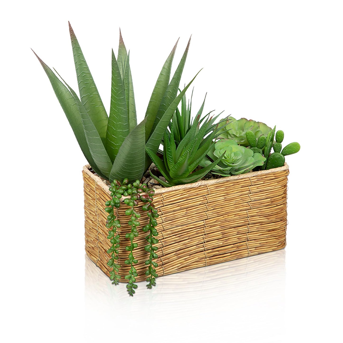 Hollyone Artificial Succulent Plant Arrangement Centerpiece Assorted Fake Agave Succulents in Rectangular Woven Basket 12" Faux Potted Succulents for Indoor Home Office Table Windowsill Shelf Decor