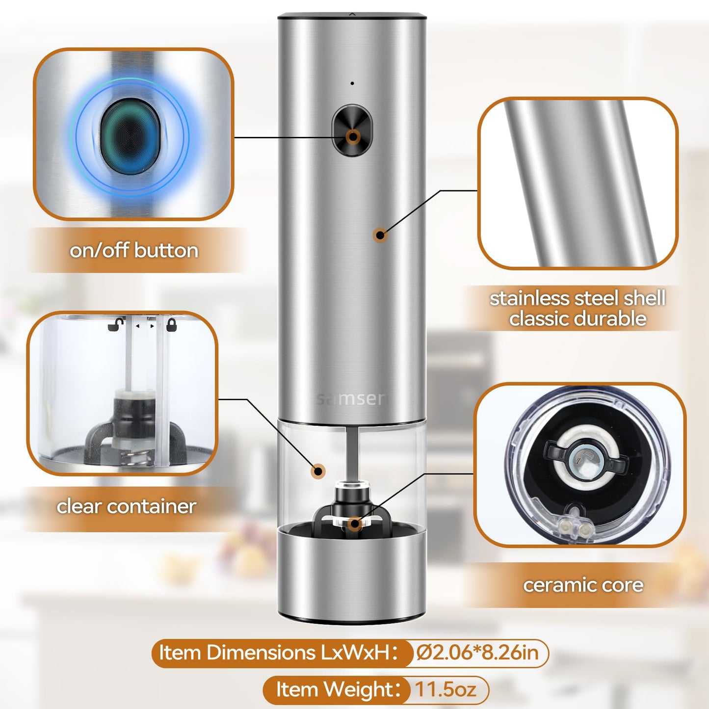 Electric Pepper Grinder & Salt Mill - Battery Operated Stainless Steel Body with Transparent Container LED Light One-Hand Operation Push-Button Switch Adjustable Coarseness Easy Refill & Clean