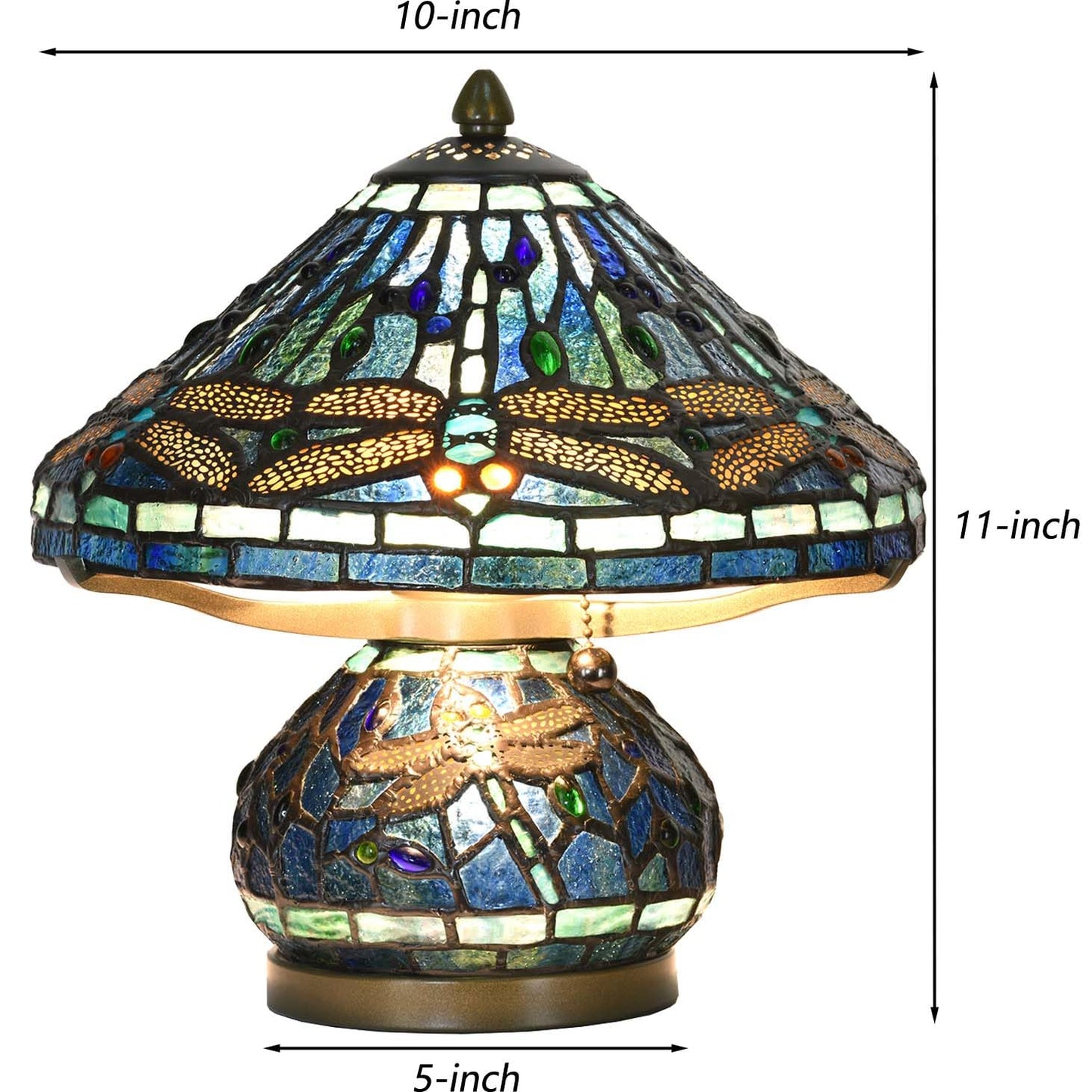 Bieye L10906 Tiffany Style Stained Glass Mushroom-Shaped Double Lit Table Lamp for Home Decor (10-inch, Blue Dragonfly)