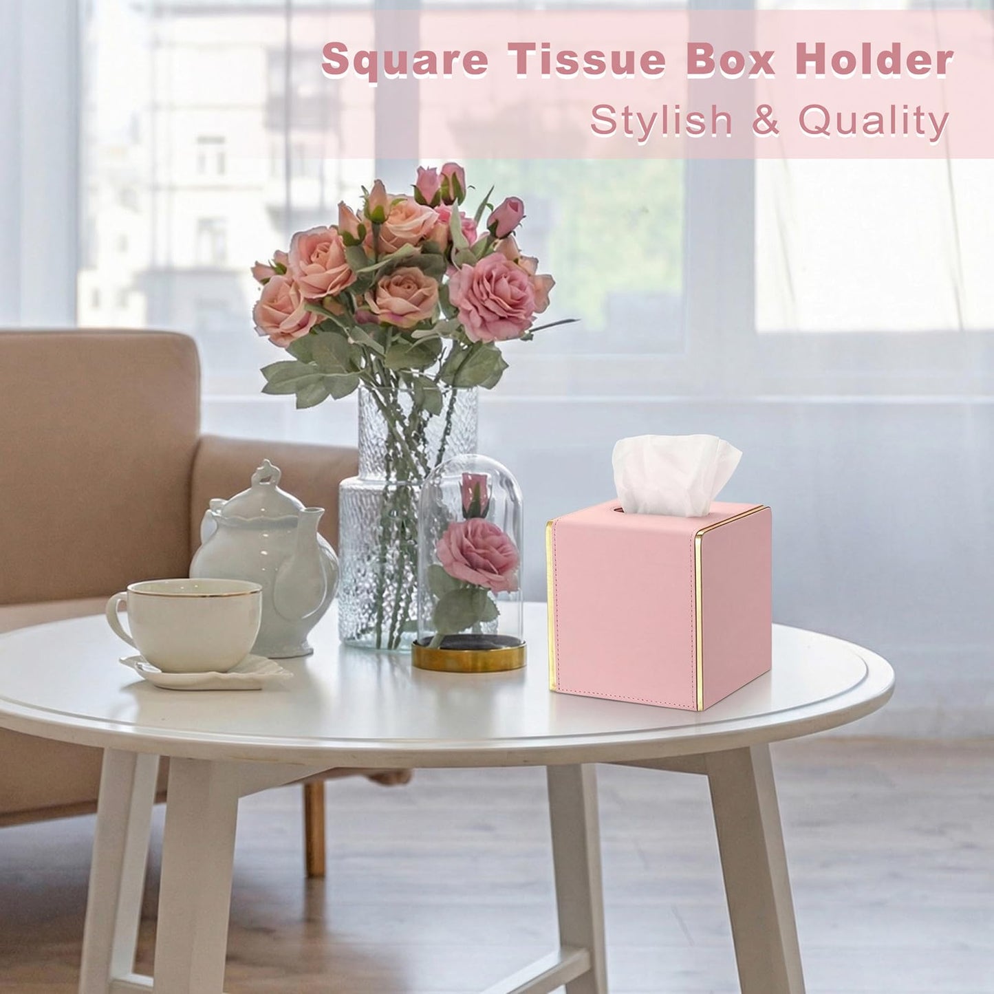 Sumnacon PU Square Tissue Box Cover, Magnetic Bottom, Waterproof, Pink