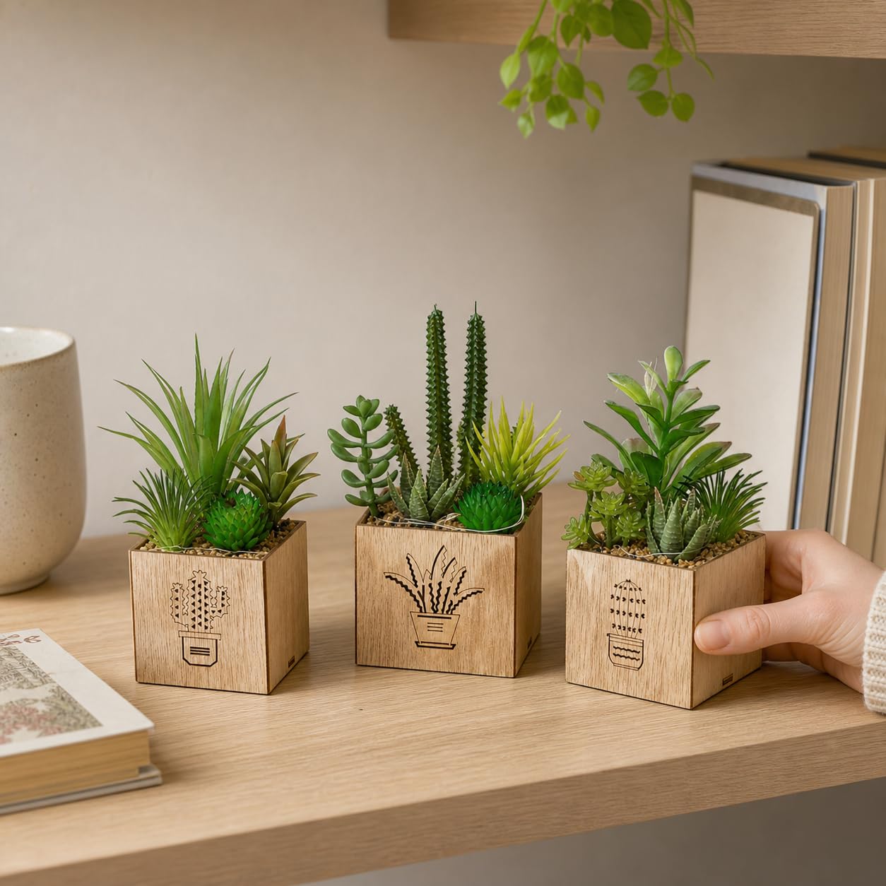 BEGONDIS Artificial Succulents with LED Lights, Set of 3 Fake Plants in Wooden Boxes for Indoor Home Decor, Desk, Shelf, Bedroom and Office