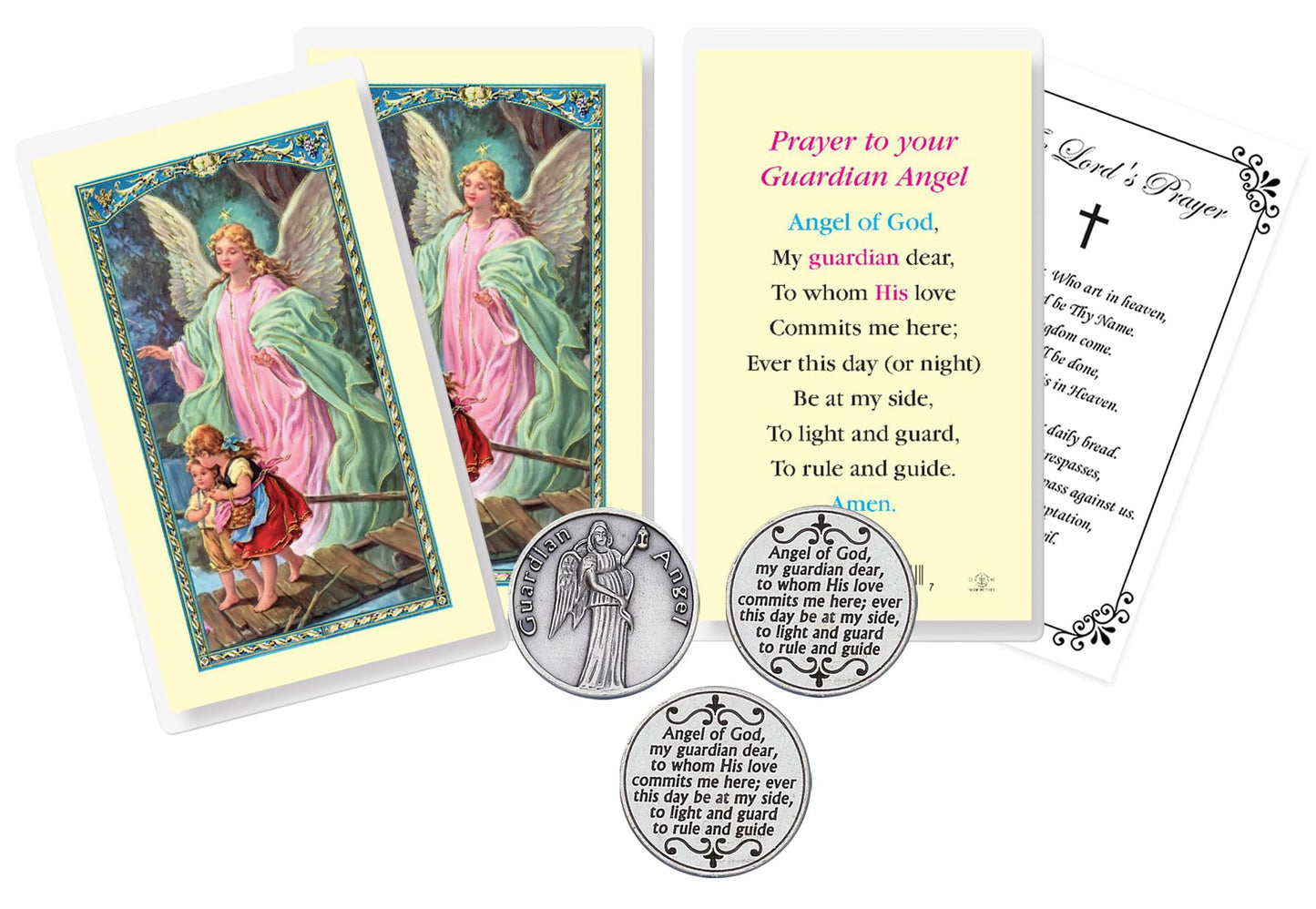 Trendzeen Guardian Angel Token - Laminated Catholic Guardian Angel Prayer Card, The Lord's Prayer Card - Italian Guardian Angel Pocket Token - Guardian Angel Token, Holy Cards Set of 7 Items