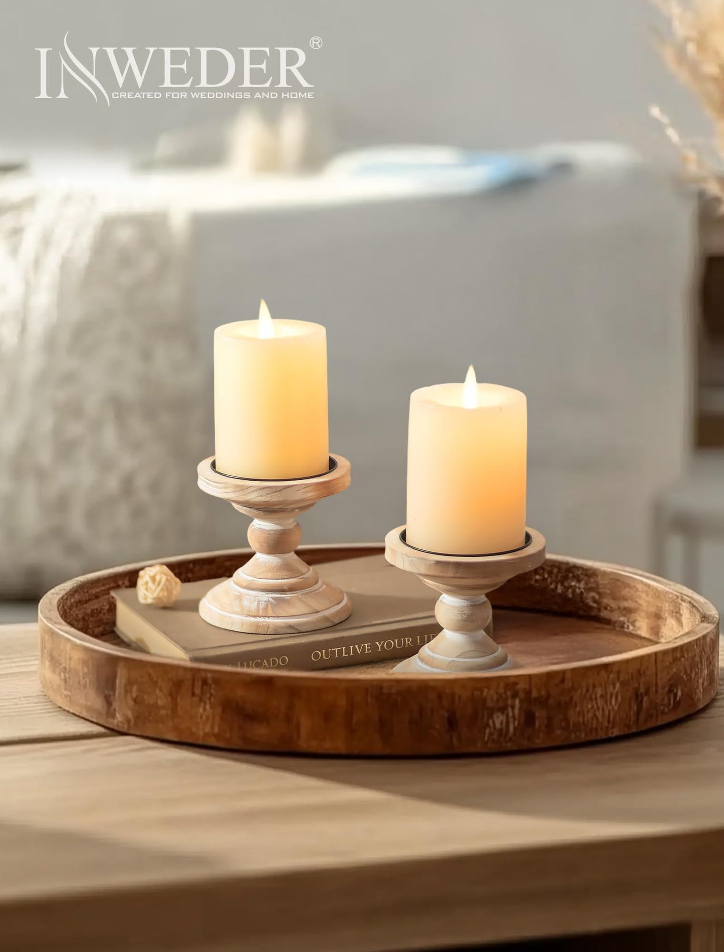Inweder Wood Pillar Candle Holder: 2Pcs Rustic White Candle Holders for Pillar Candles Wood Candle Holders Distressed Wooden Farmhouse Candle Holder Large Rustic Candle Holder for Fireplace Table