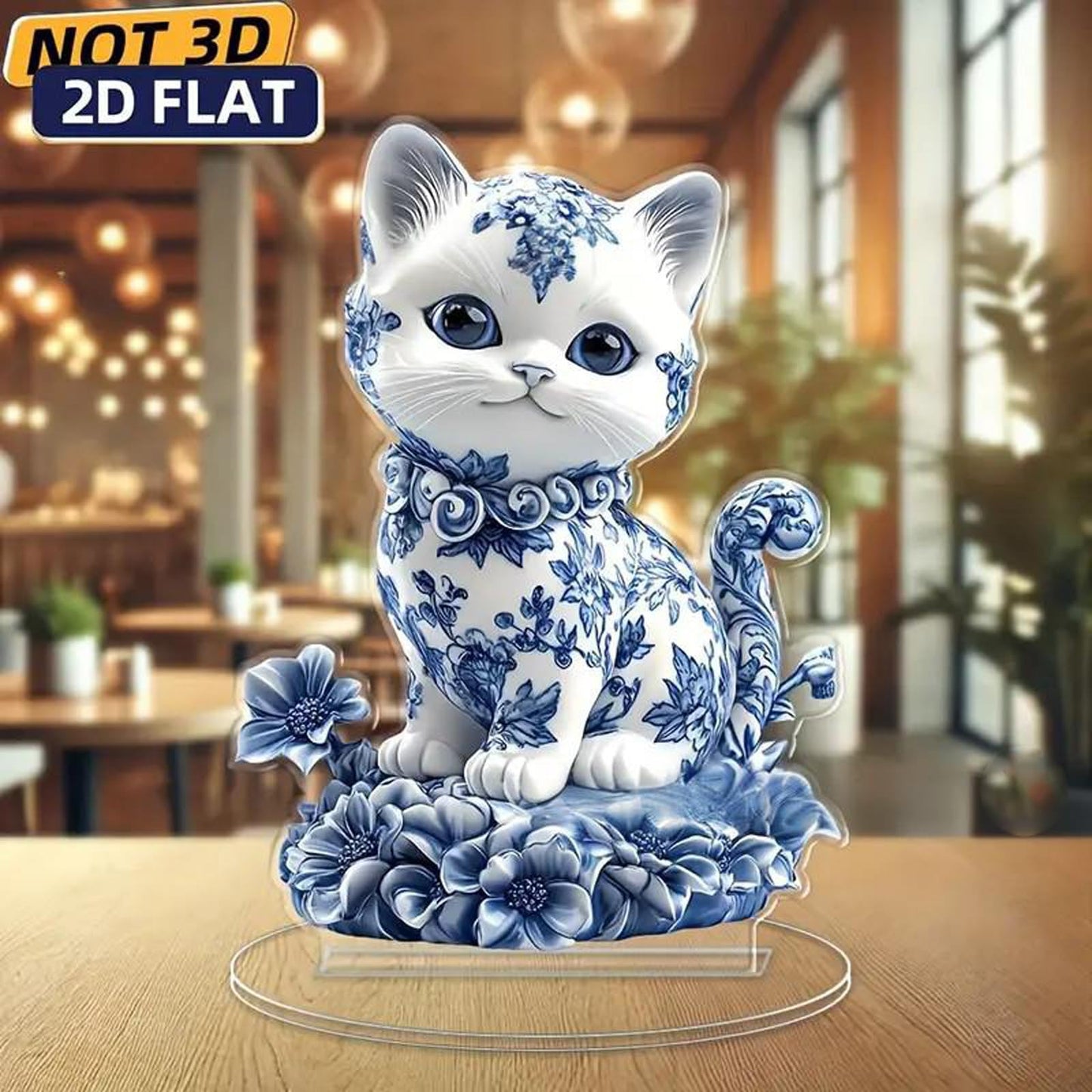 Desktop Standee, Rotatable Elf Acrylic Stand, 2D Flat Art Fairy and Peacock Tabletop Decorative Ornament, Home Study Room Bookshelf Office Creative Decor Supplies (Blue and white porcelain-cat)