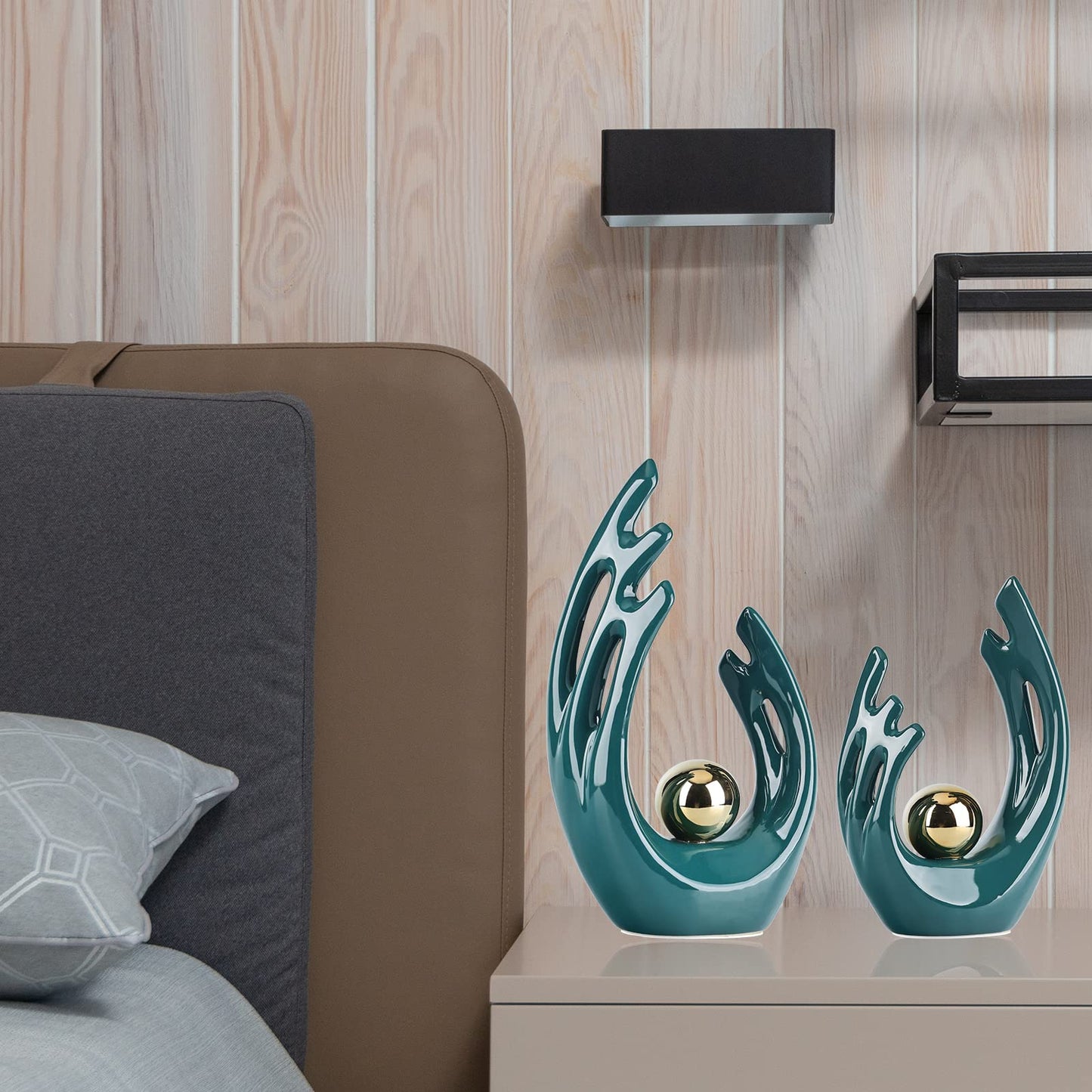 LCCCK 12" H Teal Gold Aesthetic Room Decor Accent, TV Stand Funky Table Centerpiece, Abstract Art Ceramic Statue and Sculpture, Teal Decor for Living Room, Bookshelf Decorative Objects, Shelf Decor