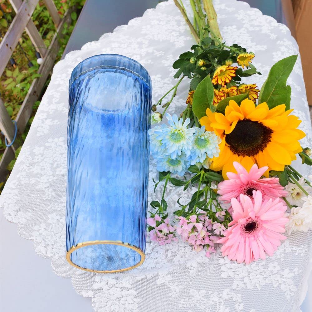 Cylinder Glass Vase with Gold Rim, for Flowers (Blue)