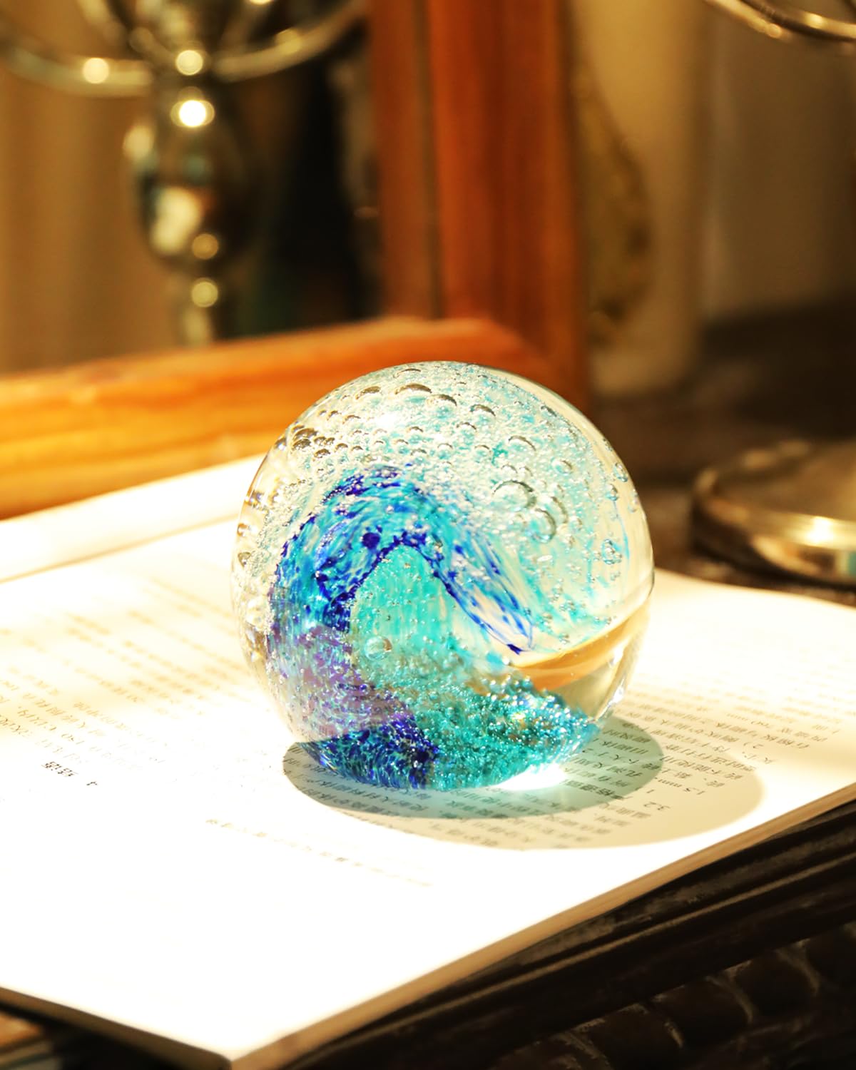 Bdor Hand Blown Glass Sphere Ocean Waves, Blue Paperweight, Decorative Ball, Sea Glass Art, Crystal Collectible, Home & Office Decor, Gift, Mother Day