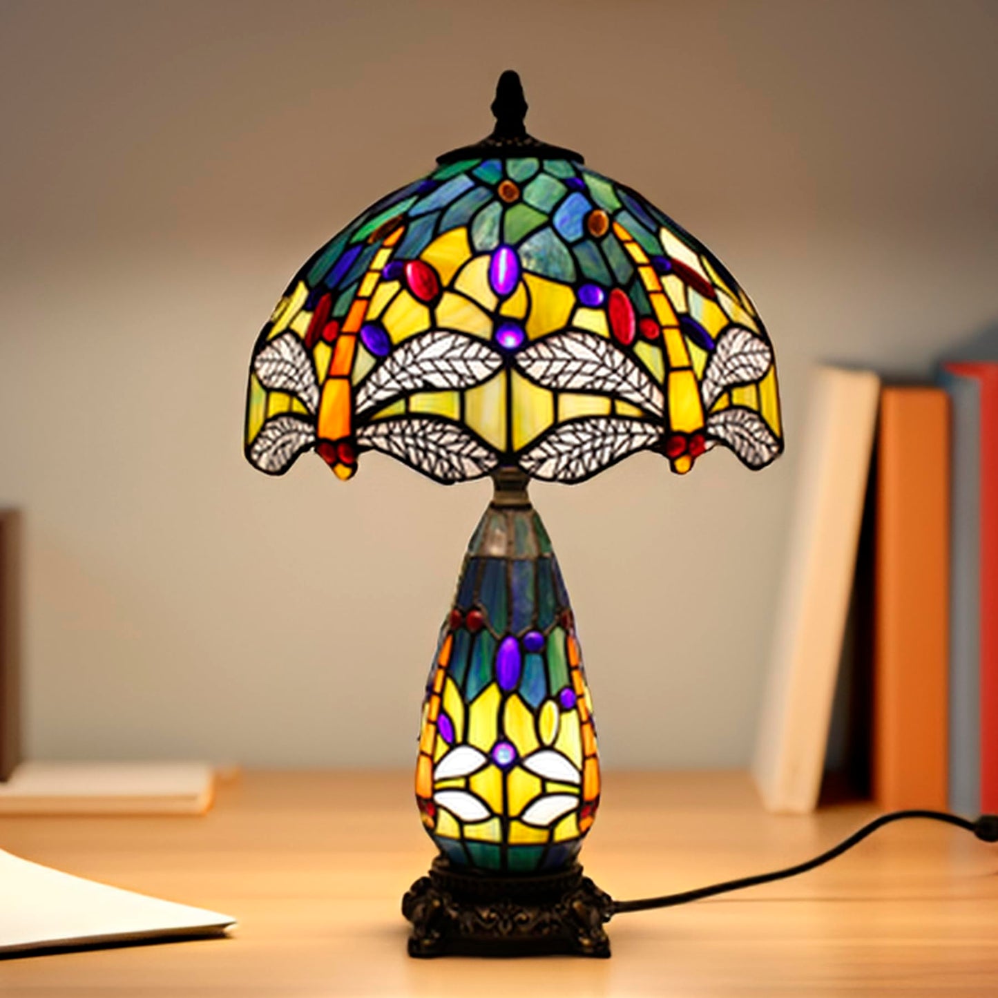 TCODTPOL Tiffany Stained Glass Table Lamp 12X19 Inches Blue Yellow