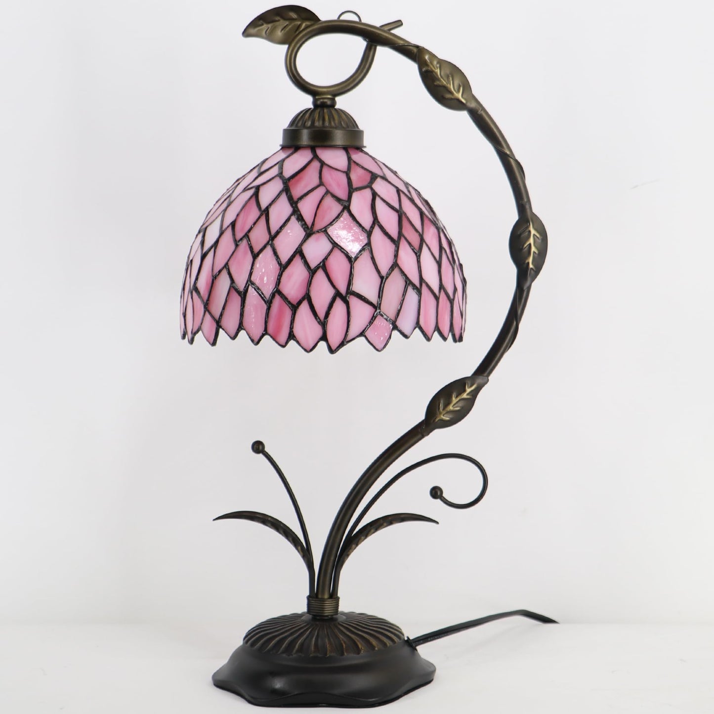 LXHCYOU Tiffany Table Lamp, Stained Glass Desk Reading Light, 8X10X19 Inches, Metal Leaf Base (Pink Wisteria)