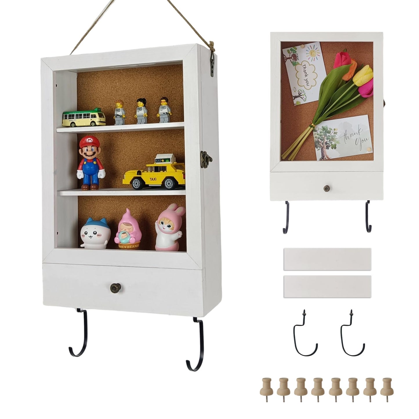 Shadow Box with Drawer & Hanging Hook – 3D Display Case for Photos, Awards, Medals & Keepsakes | Hidden Storage Organizer | Glass Front Frame (White)