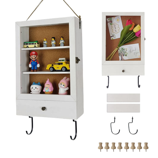 Shadow Box with Drawer & Hanging Hook – 3D Display Case for Photos, Awards, Medals & Keepsakes | Hidden Storage Organizer | Glass Front Frame (White)