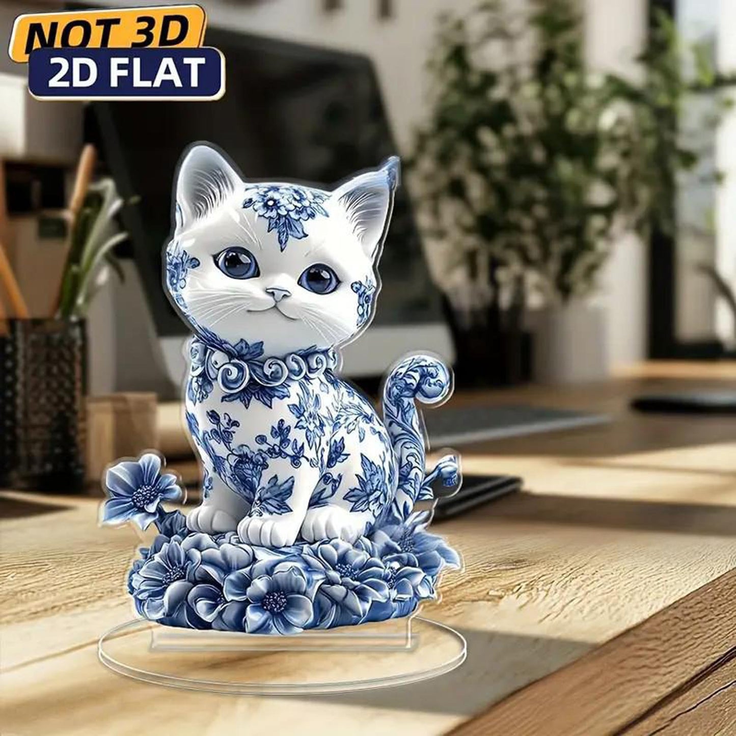 Desktop Standee, Rotatable Elf Acrylic Stand, 2D Flat Art Fairy and Peacock Tabletop Decorative Ornament, Home Study Room Bookshelf Office Creative Decor Supplies (Blue and white porcelain-cat)