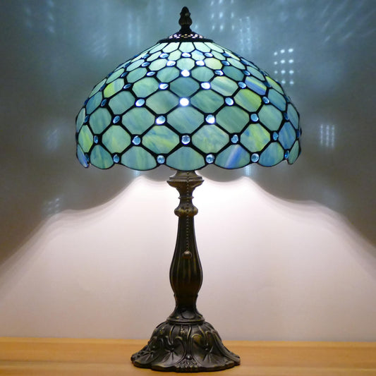 WFAYNTIFL Tiffany Table Lamp Stained Glass Sea Blue Pearl Style W12H19 Inch