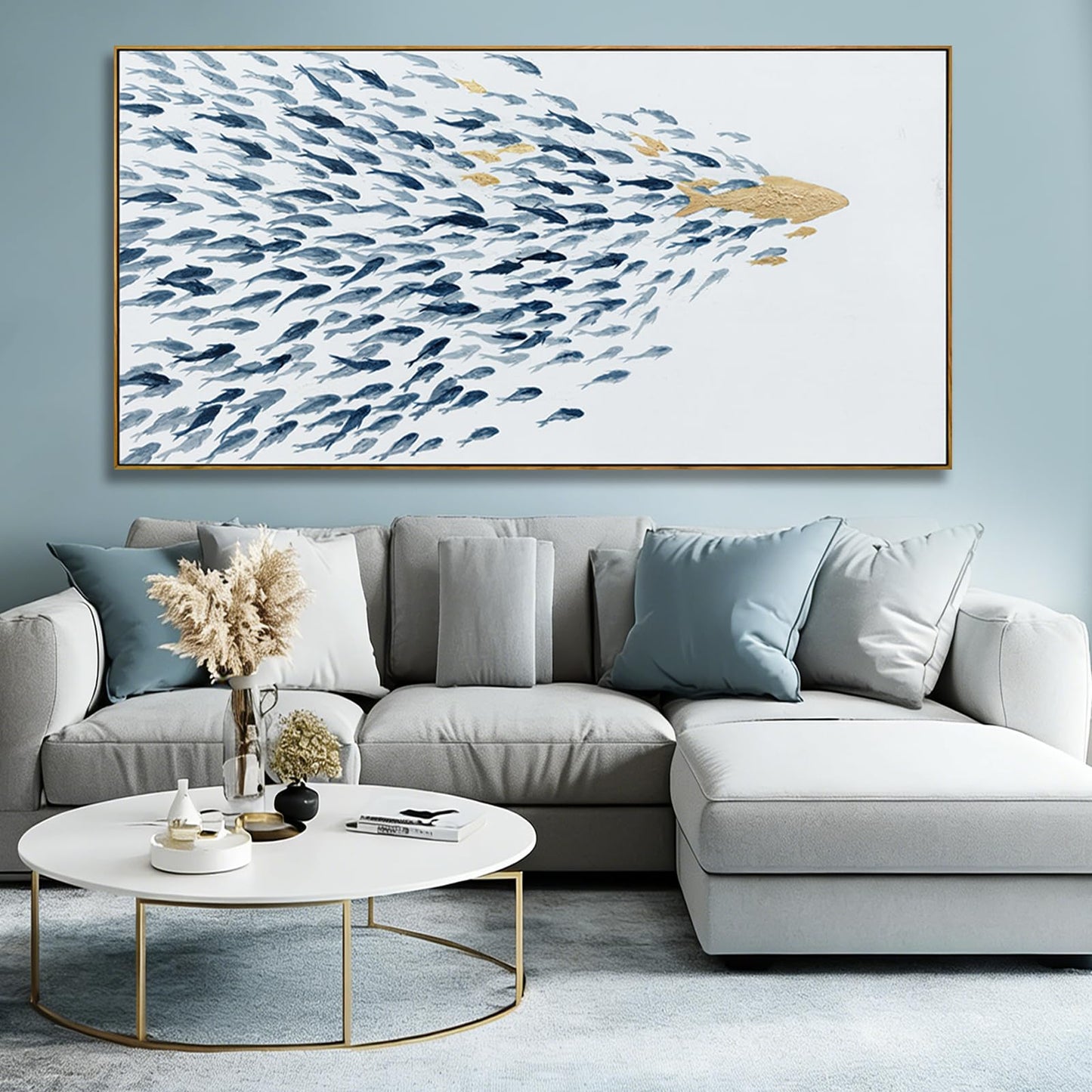Minimalist Framed Wall Art Fish Animal Ocean Blue Gold Modern Canvas Prints 29"x58" Large Pictures Artwork for Living Room Kitchen Wall Art Decor
