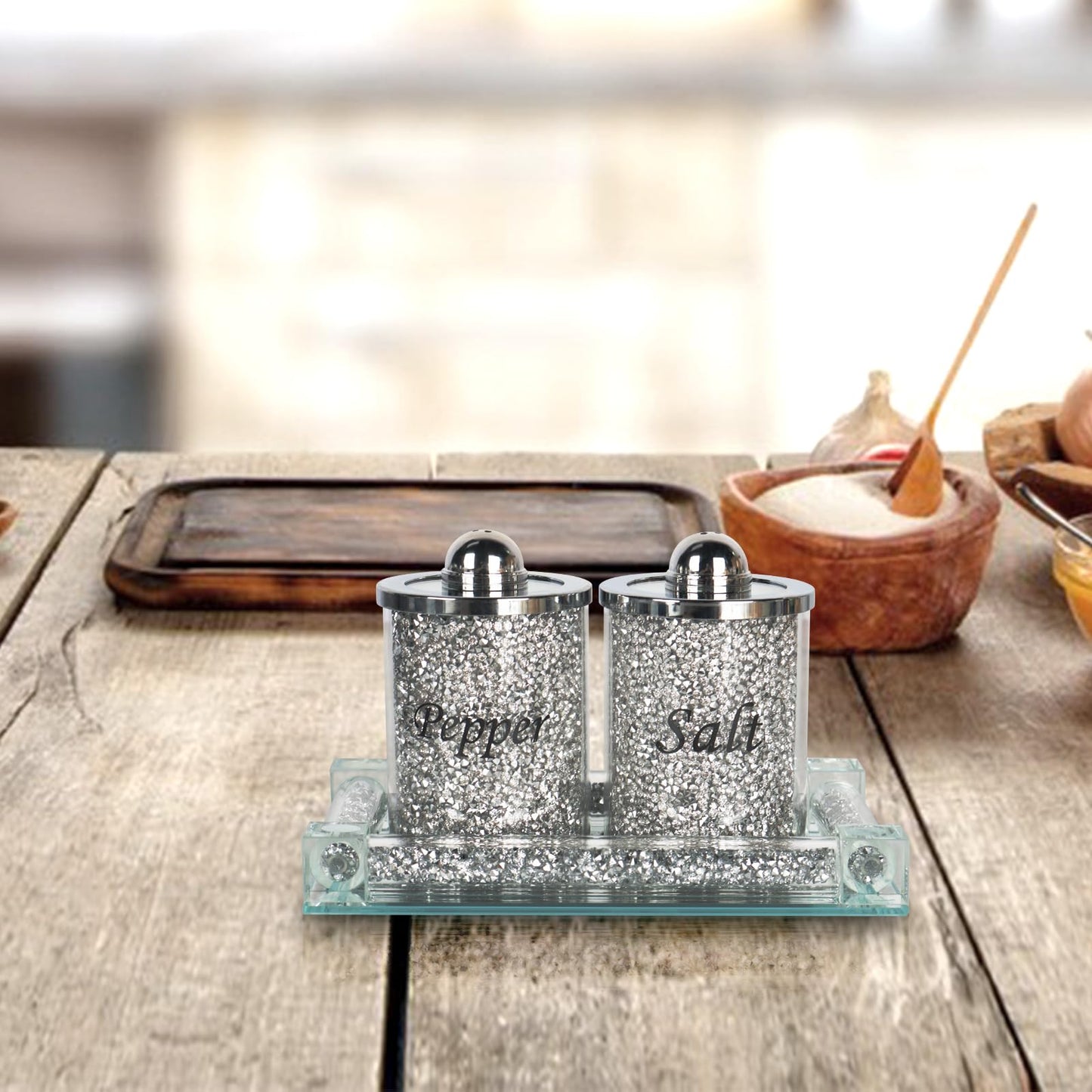 Ulable Crystal Salt and Pepper Shakers with Mirrored Tray, Crystal Crushed Diamond Home Decor, Bling Glass Salt and Pepper Shakers, Sparkly Salt Pepper Glass Jar for Kitchen, Dining Table, Restaurant