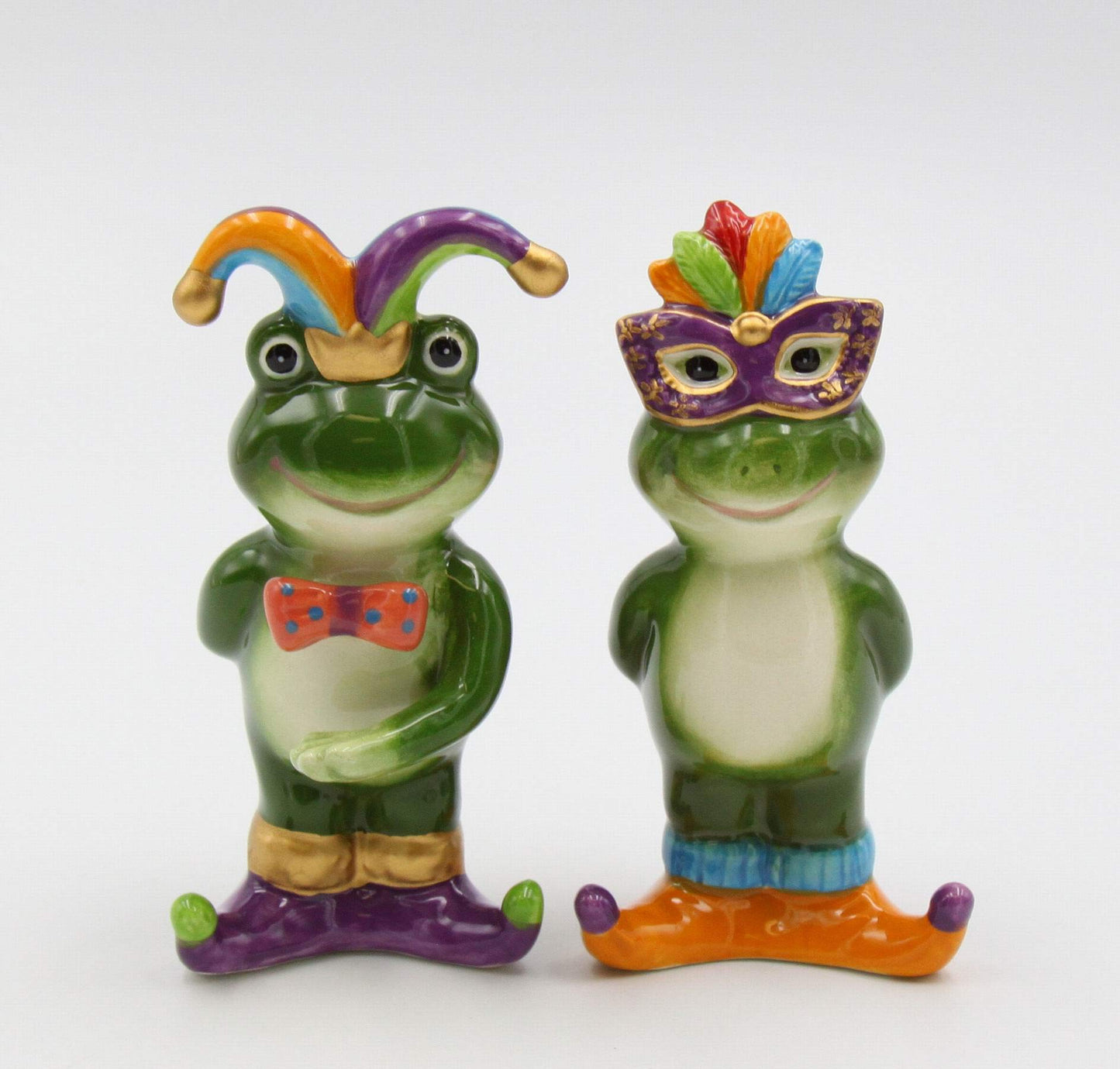 Fine Ceramic Mardi Gras Costume Frogs Couple Salt & Pepper Shakers Set, 4-7/8" H
