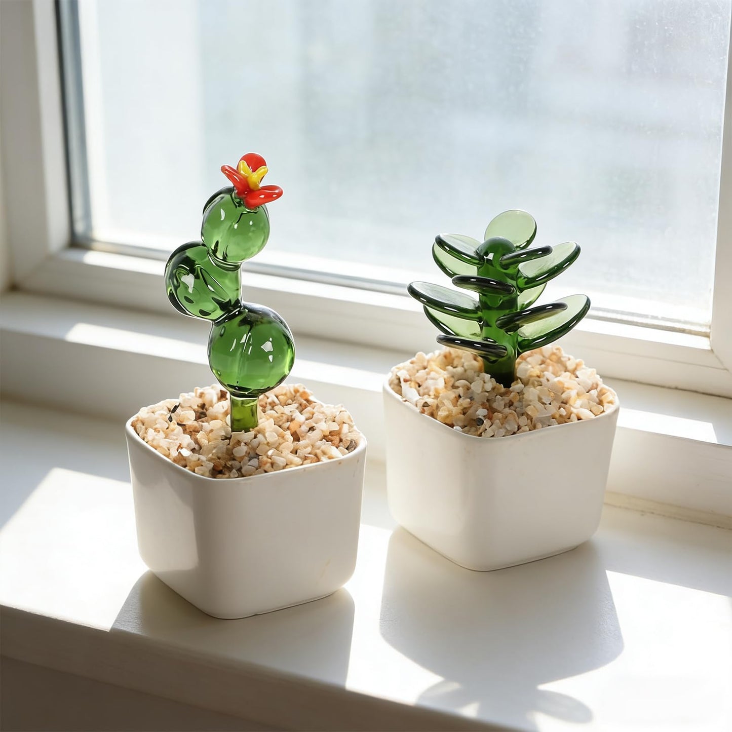 2PCS Decorative Glass Cactus Figurine in White Ceramic Pot, Cactus Desk Accessories, Plant Bonsai Figurine Decoration, Cactus Decor Use for Living Room, Balcony, Desk, Idea Gift for Succulent Lovers