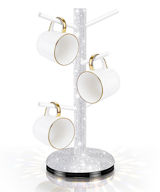 Mulixis Bling Mug Holder Tree, 360° Rotation Coffee Cup Holder with 6 Hooks Crystal Rhinestone Mug Tree Rack Aesthetic Design Home Organization（White）