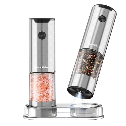 Bonsenkitchen Electric Salt and Pepper Grinder Set, 95ml Large Capacity, Clean Brush, Stainless Steel Adjustable Pepper Mill with LED for Kitchen, BBQ & Camping, Battery Powered (Not Included)