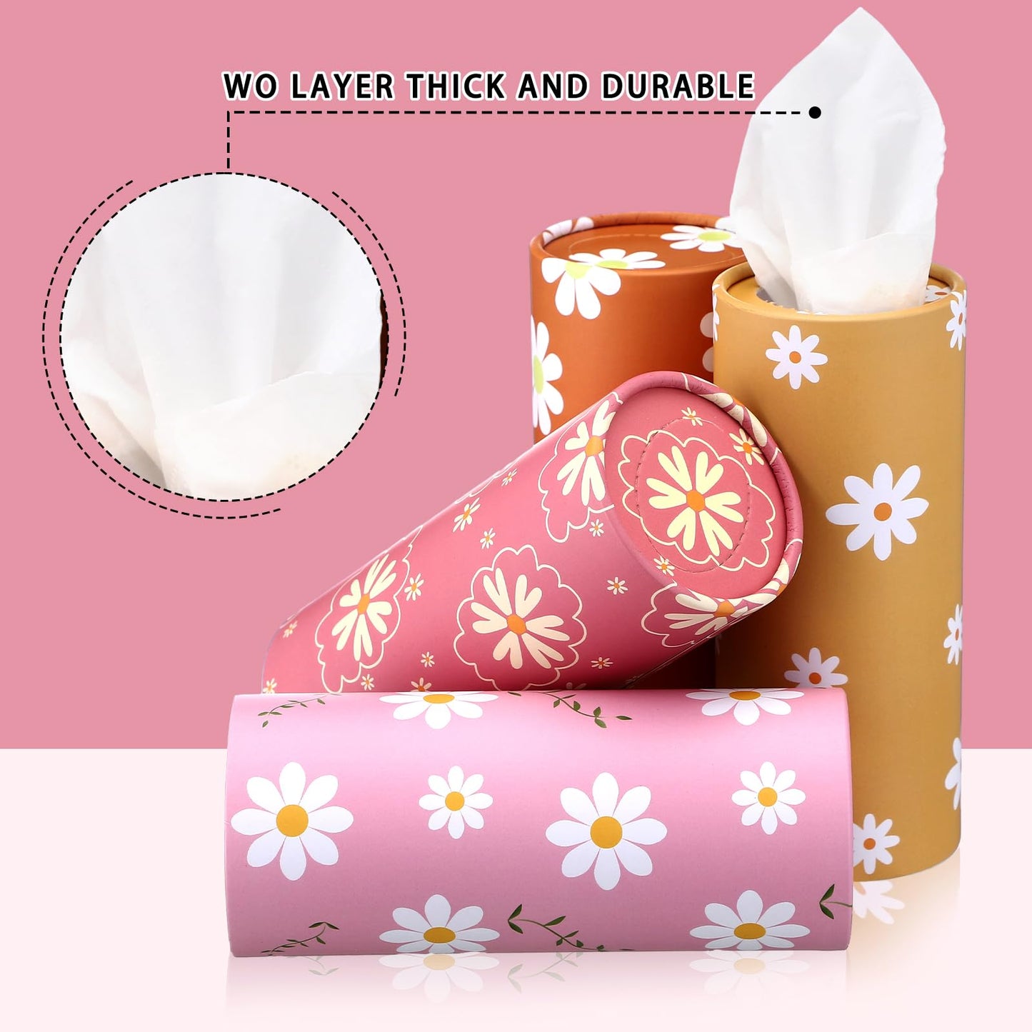 Yoande 4 Pack Car Tissue Holder with Facial Tissues Travel Tissue Tubes Box Round Cylinder Container for Car Cup Holder Home Bathroom Office Wedding Gifts Decor(Daisy)