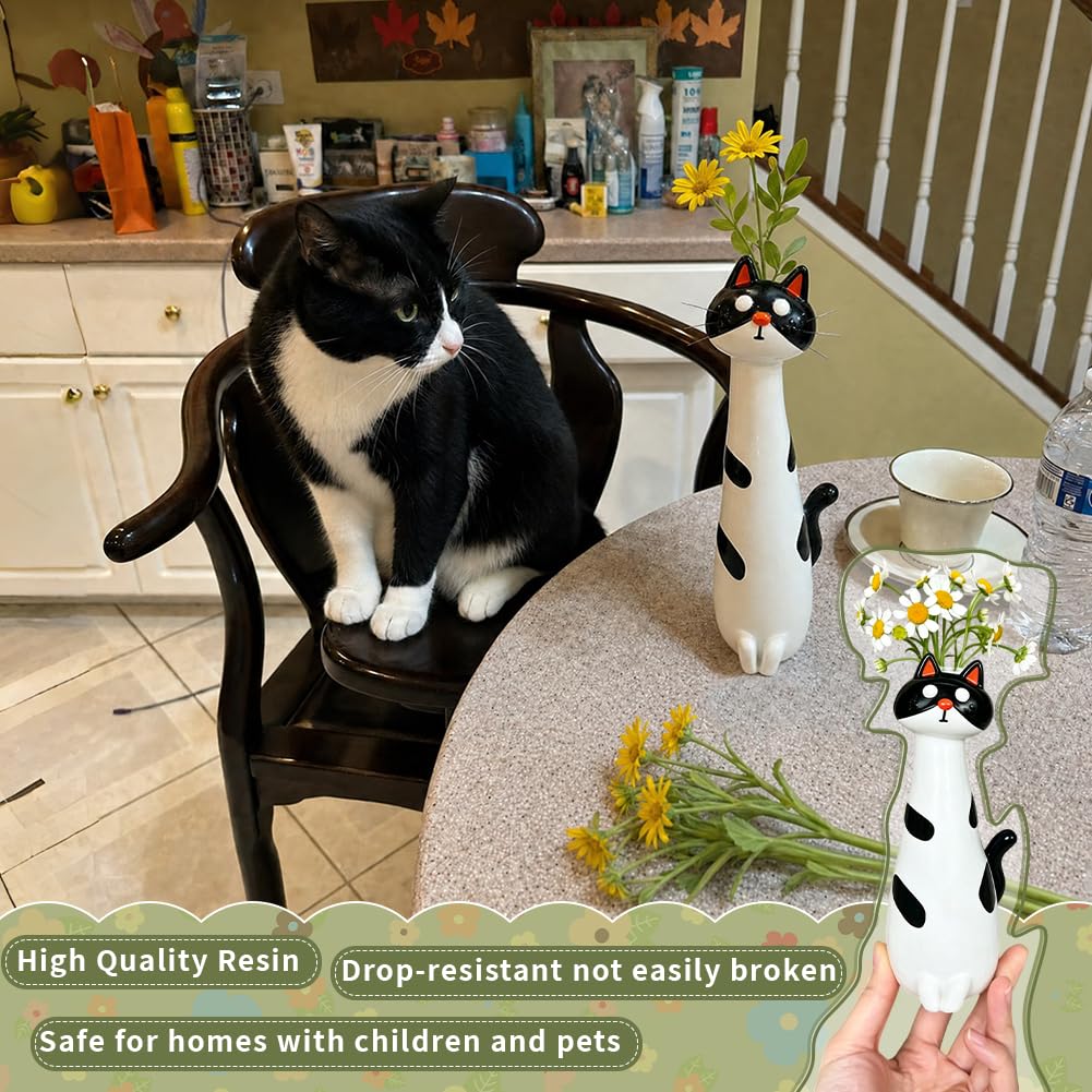 Handcrafted Quirky Cat Vase,Cute Cat Vase Resin Figurine,Small Kitty Planter Decorative Boho Desk Ornament Home Office Bookshelf Flower Pot for Cats Lovers (White)