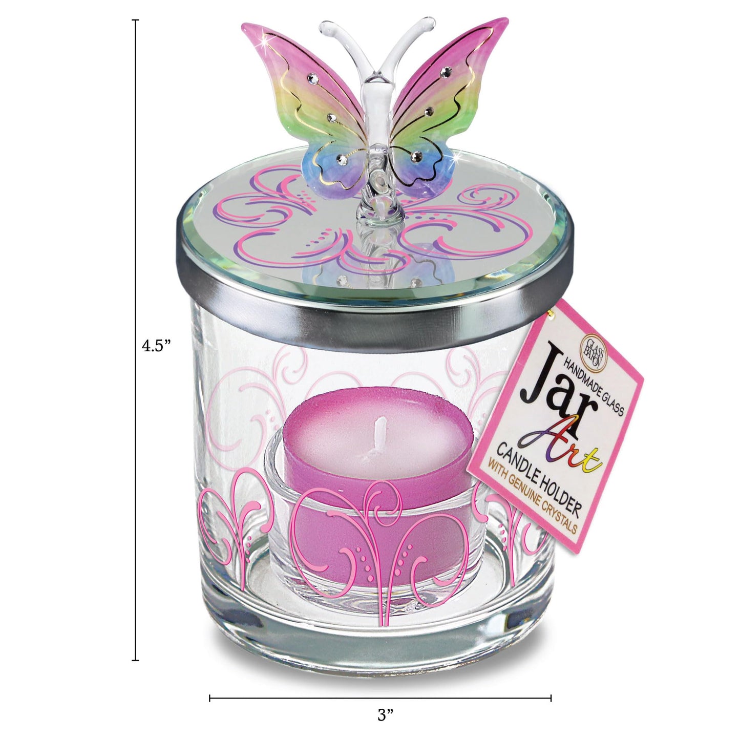 Glass Baron Candle Holder Jar, Blown Glass Rainbow Butterfly Lid with Austrian Crystal Accents, 5.5 x 3 inches