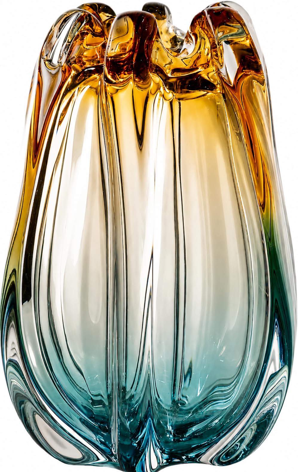 WONDER DECORS Hand Blown Glass Vase, Amber and Teal Gradient, Wide Mouth, Modern Art Deco, Home, Office, Living Room and Wedding Decor