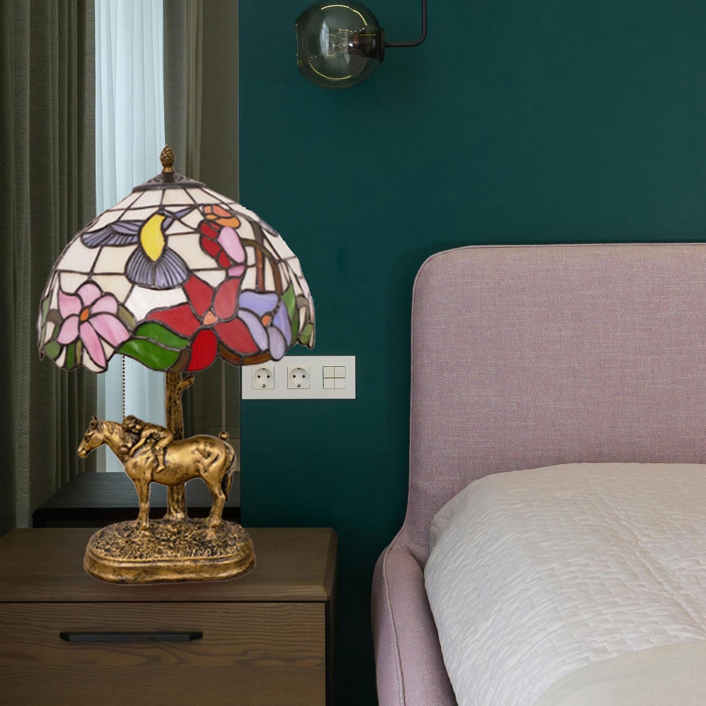 JGWSQ Hummingbird Tiffany Table Lamp, Flower Stained Glass 2-Light Lamp