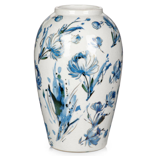 Ceramic Flower Vase, 9.8 Inch White and Blue Rustic Vases for Home Decor, Handcrafted Farmhouse Tall Vintage Vases for Living Room, Table, Bathroom, Chinoiserie Decoration