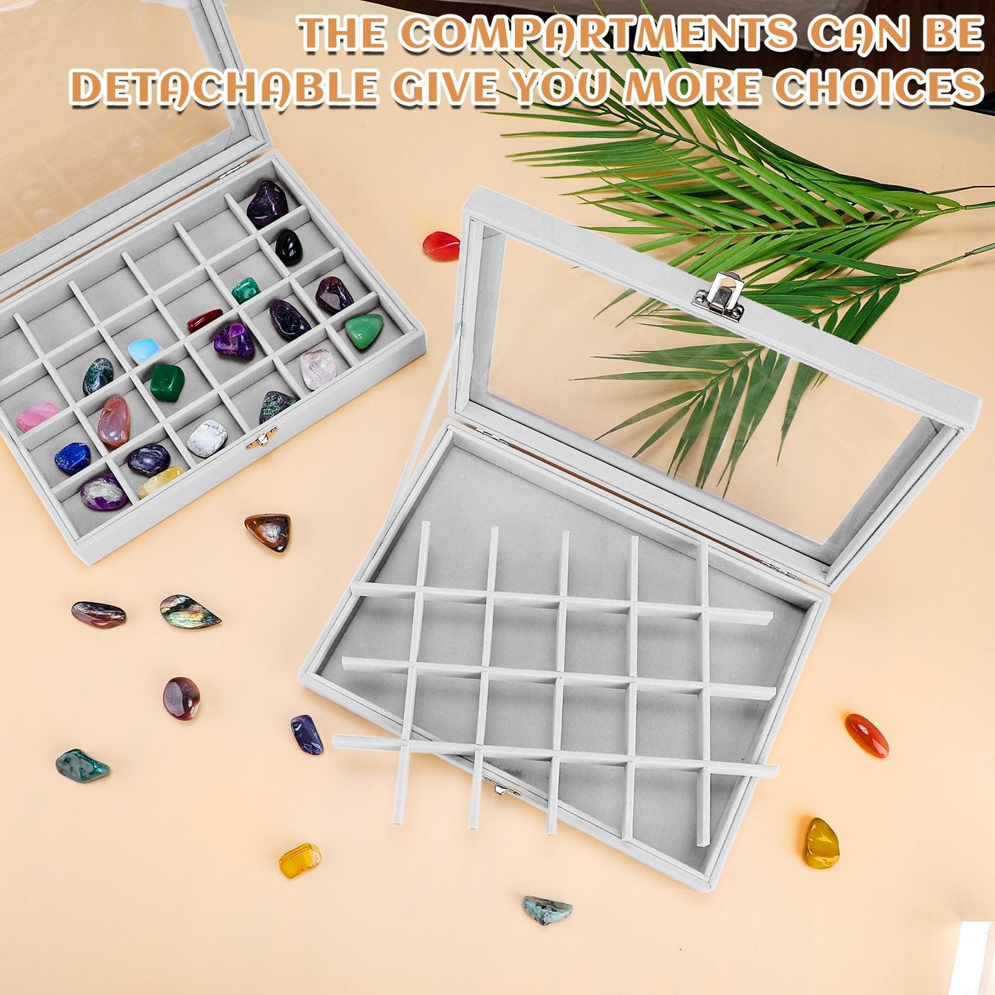 Misdary 2 Pack Rock Collection Box for Kids 24 Velvet Grid Rock Display Case Collectible Organize Your Gemstone in 24 Grid Crystal Holder for Stone Display with Glass Lid