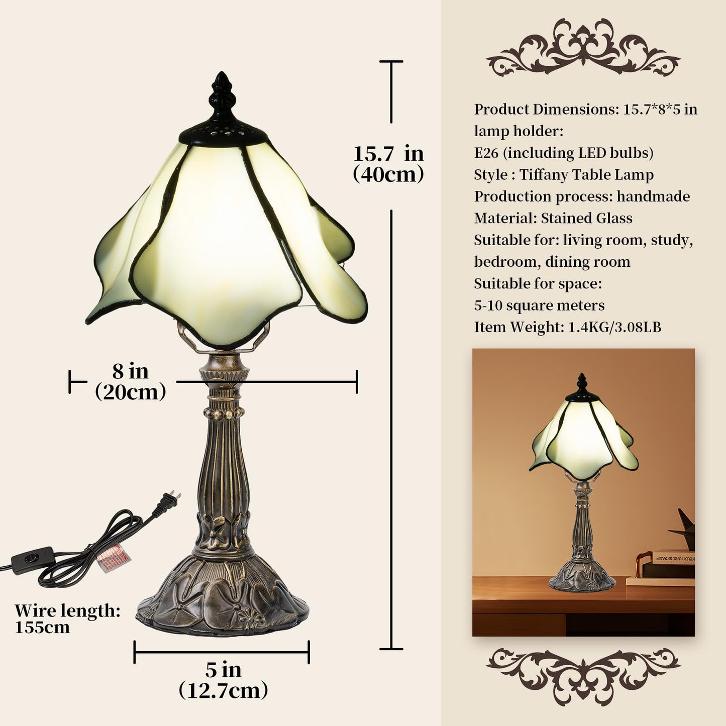 Nizrsky Tiffany Table Lamp,3 Color-Temperature Flowers Stained Glass Lamp,8 Inch Tiffany Style Lamp for Bedroom Living Room Home, Handcrafted Light, Included Bulb (Warm White)