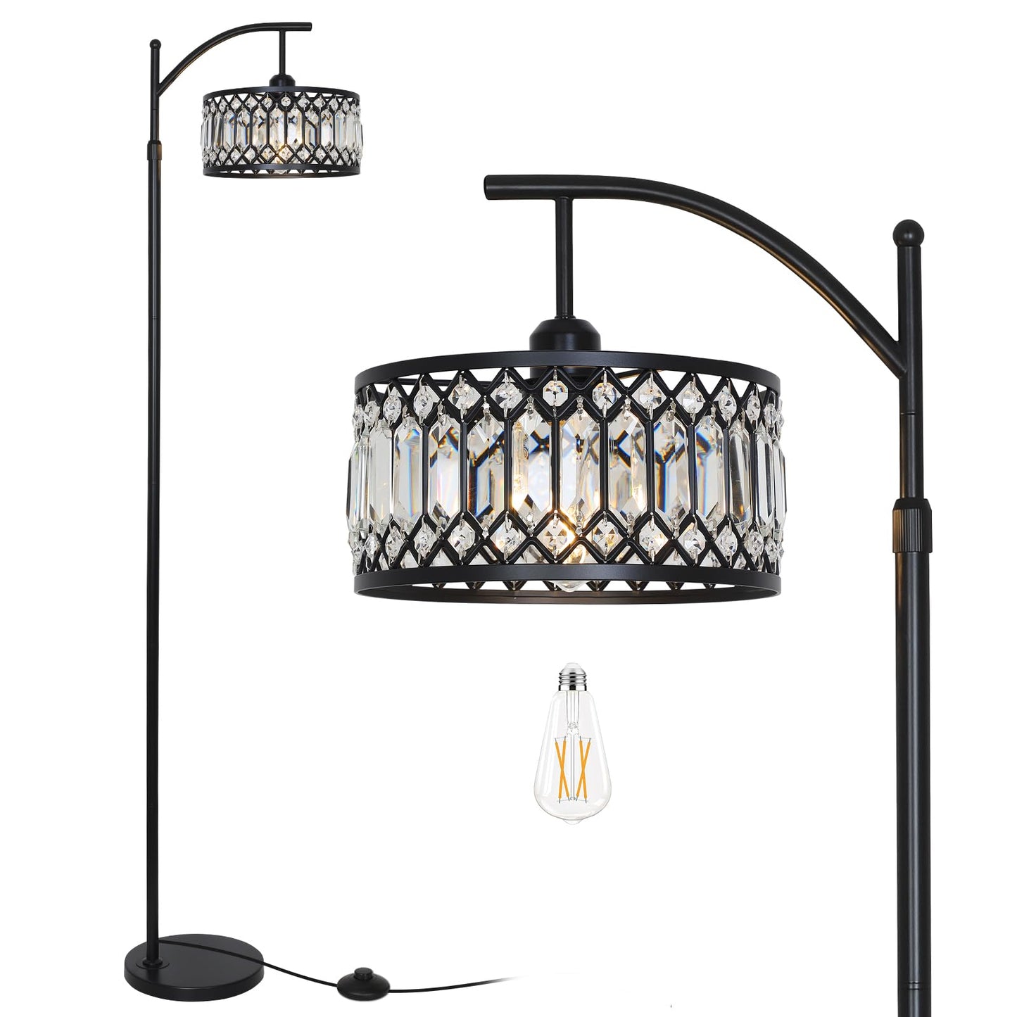 Crystal Floor Lamps for Living Room, Modern Arc Floor Lamp, Black Standing Lamp with Edison Bulb, Height Adjustable Tall Lamp for Bedroom, Corner Stand Up Lamp for Office, Arched Reading Light