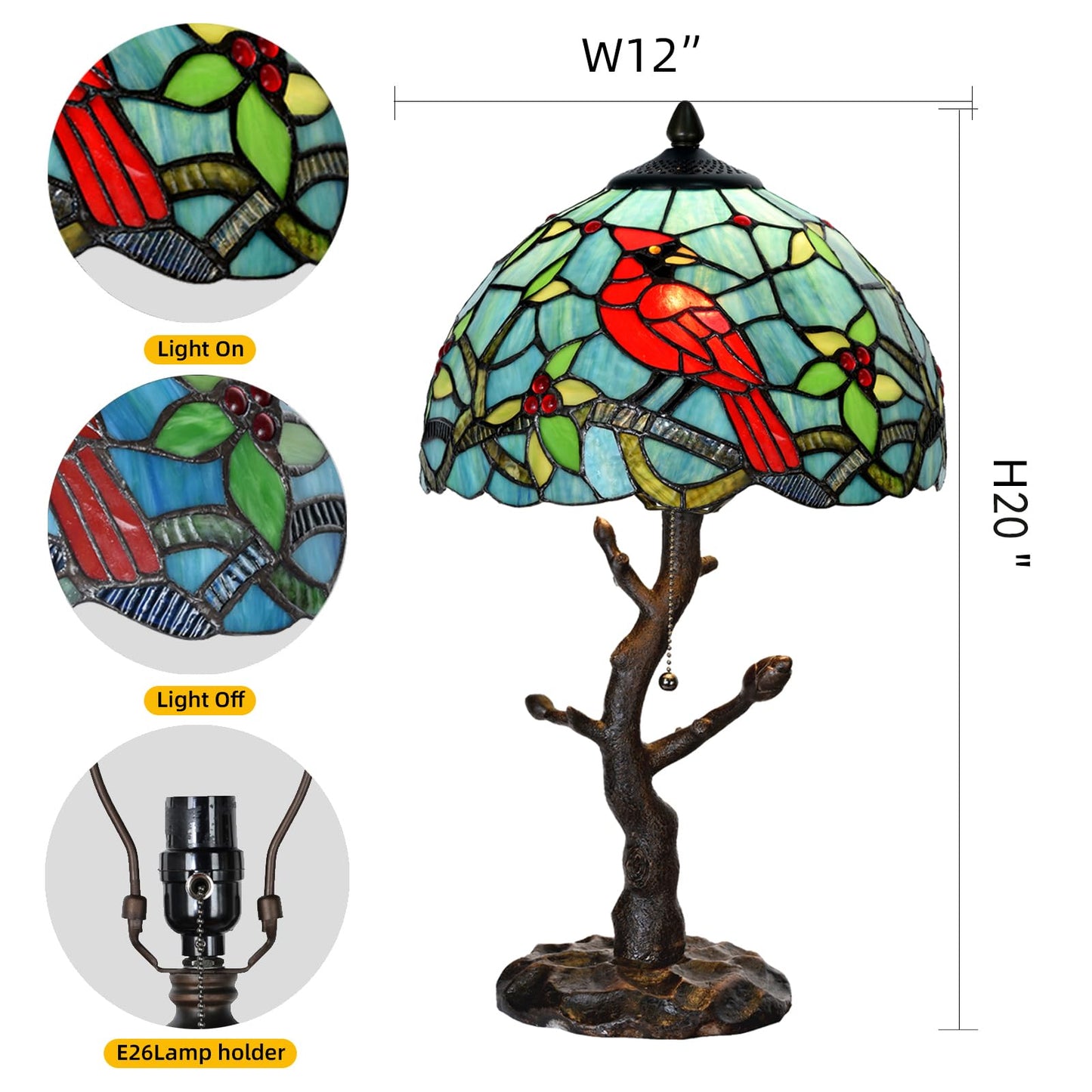 HomeBeauty TL0035 Tiffany Style Stained Glass Table Lamp, Cardinal Bird Desk Lamp with Branch Base, W 12" x OH 21", Great for Home Decor & Night Lighting, LED Bulb Included (Red Cardinal)