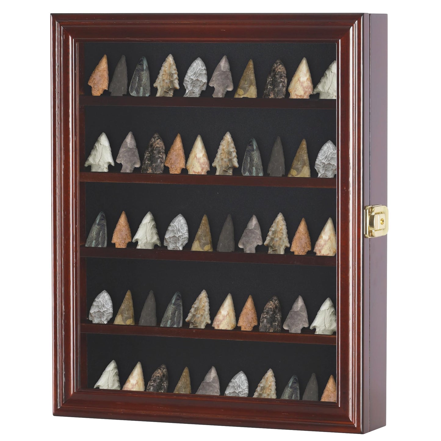 Arrowhead Display Case Native American Shadow Box Wall Mount Cabinet with UV Protection for Agate Opal Stone Arrowheads Spear Points (Mahogany Finish)