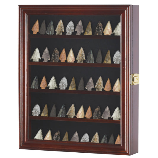 Arrowhead Display Case Native American Shadow Box Wall Mount Cabinet with UV Protection for Agate Opal Stone Arrowheads Spear Points (Mahogany Finish)