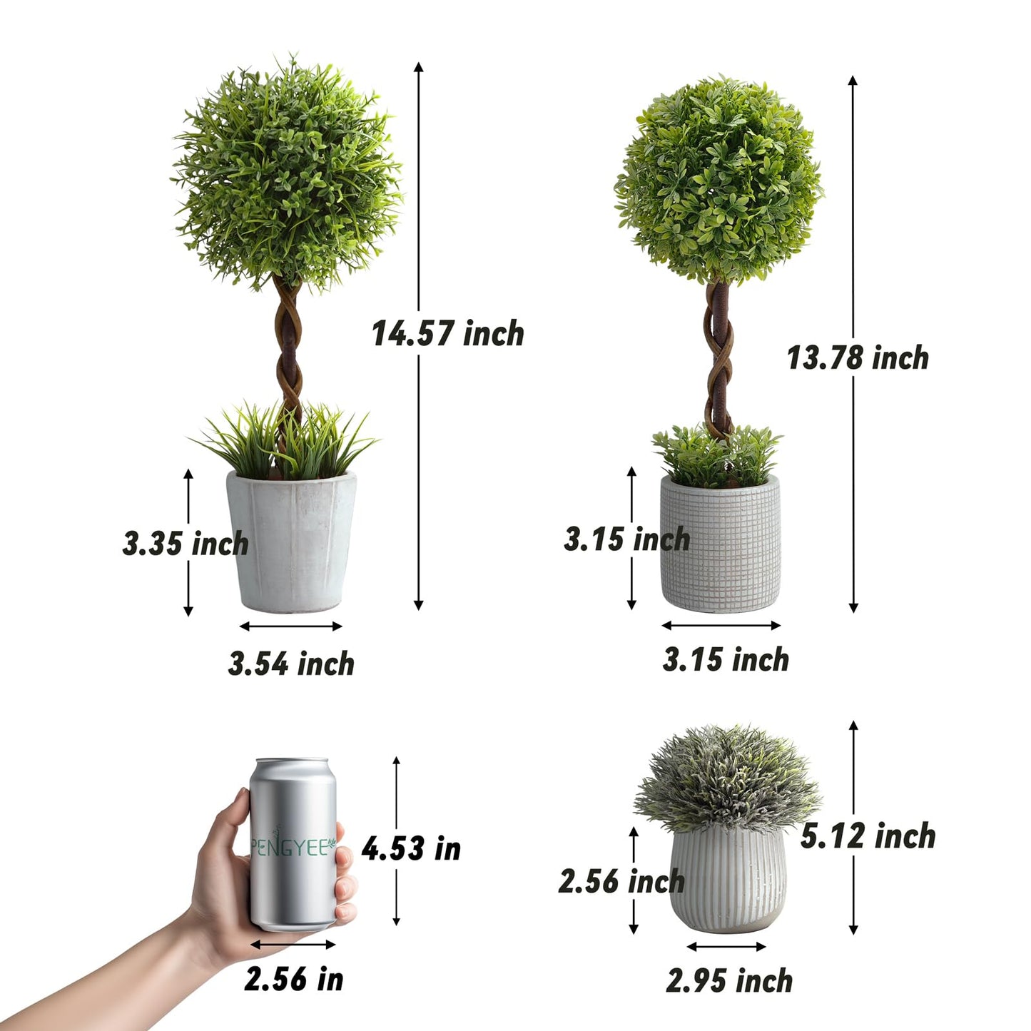 PENGYEE 4 Pack Small Faux Plants & 3 Pack Artificial Boxwood in Cement Planters Bundle