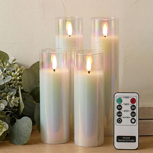 Rhytsing Glass Battery Operated LED Candles, White Slim Flameless Candles with Remote, Warm White Light, 8 Batteries Included - D 2‘’ - Set of 4 (Pearlescent)