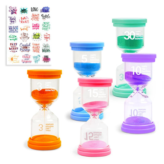 Sand Timer Set 3/5/10/15/30 Minutes with Inspirational Sticker Sheet, Colorful Decorative Hourglass for Home Office Kitchen Time Management, Decorative Sand Clock