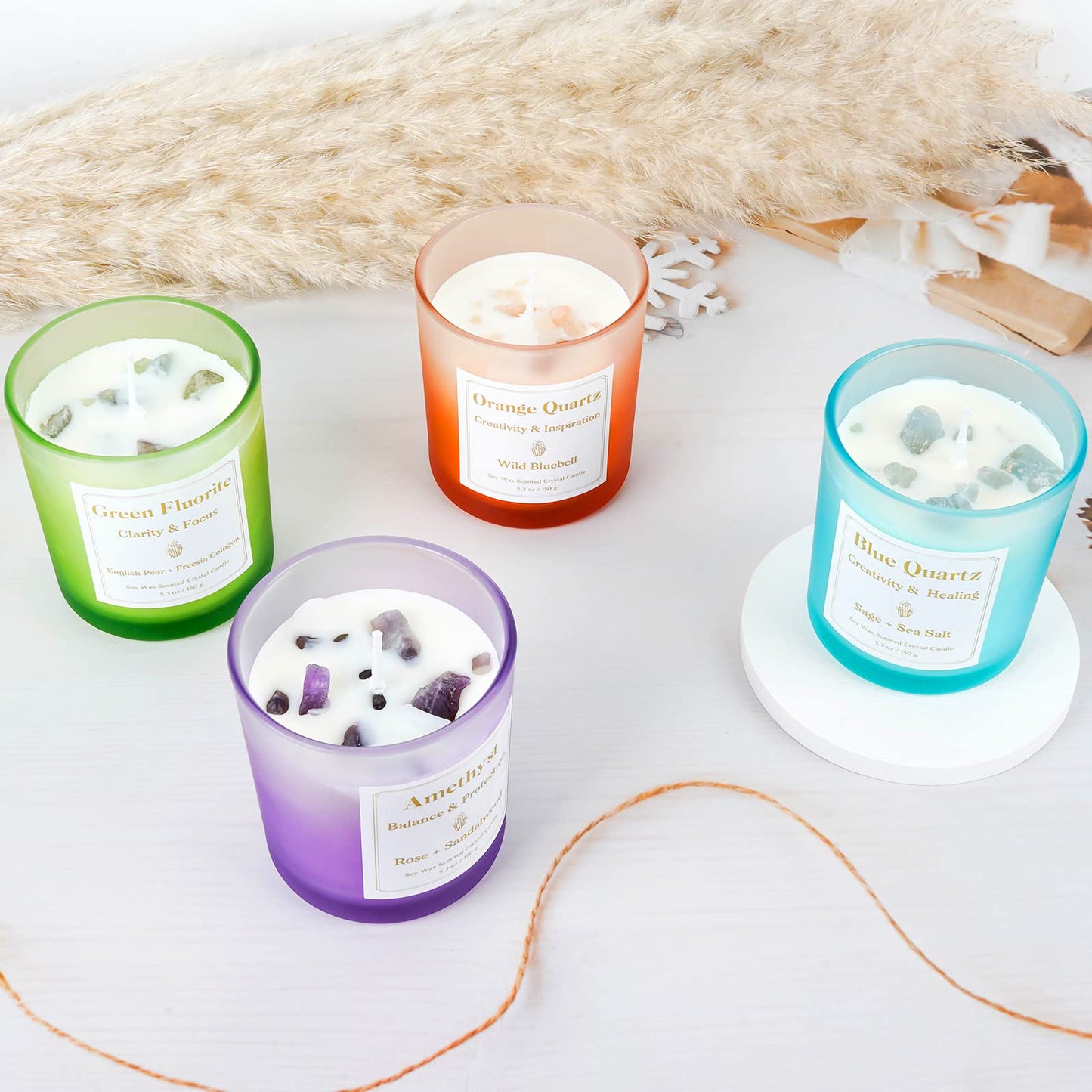 4 Pack Scented Candles with Healing Crystals, Rose, Sage and Amethyst